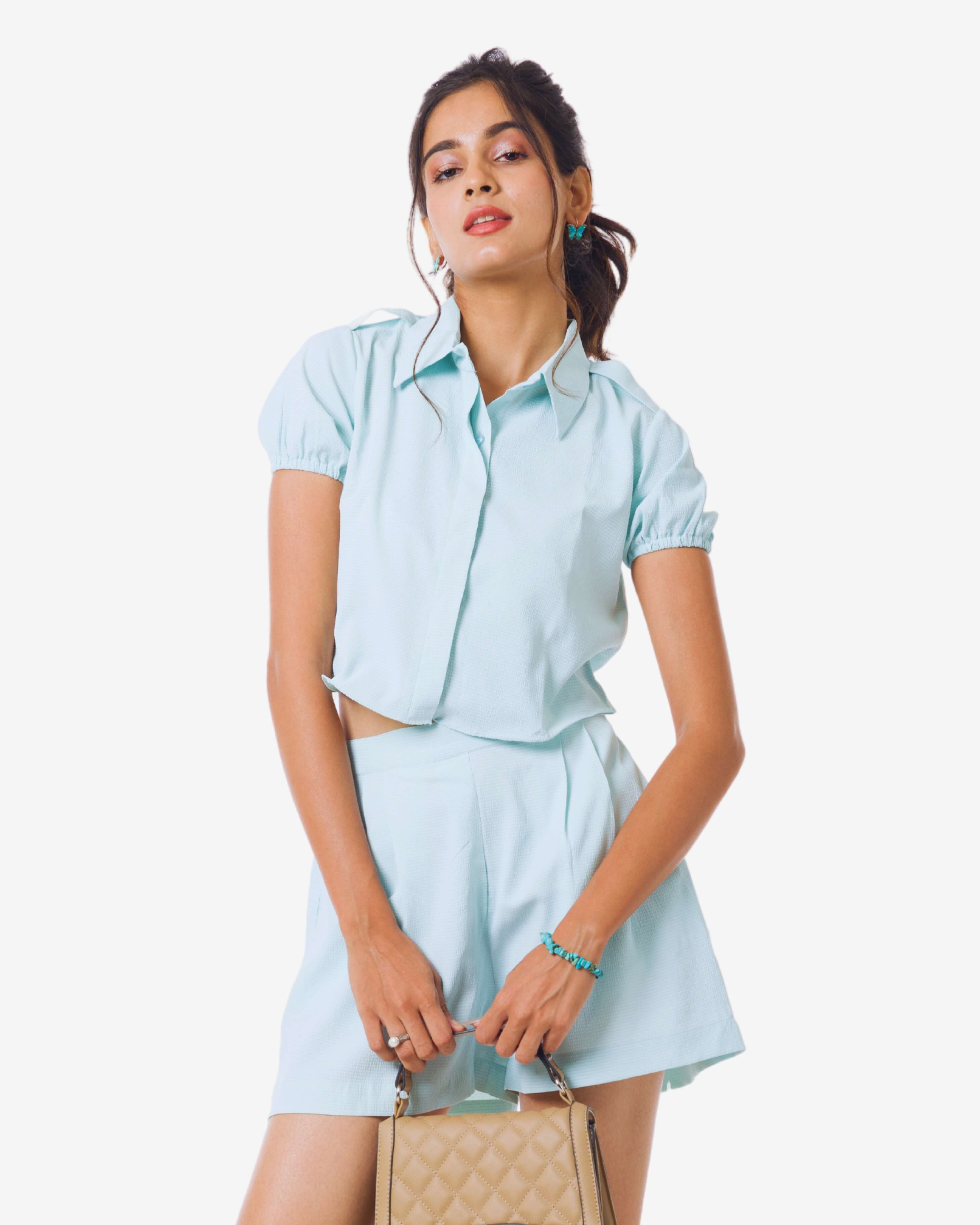 Aqua Green Elegance: Shirt & Shorts Set