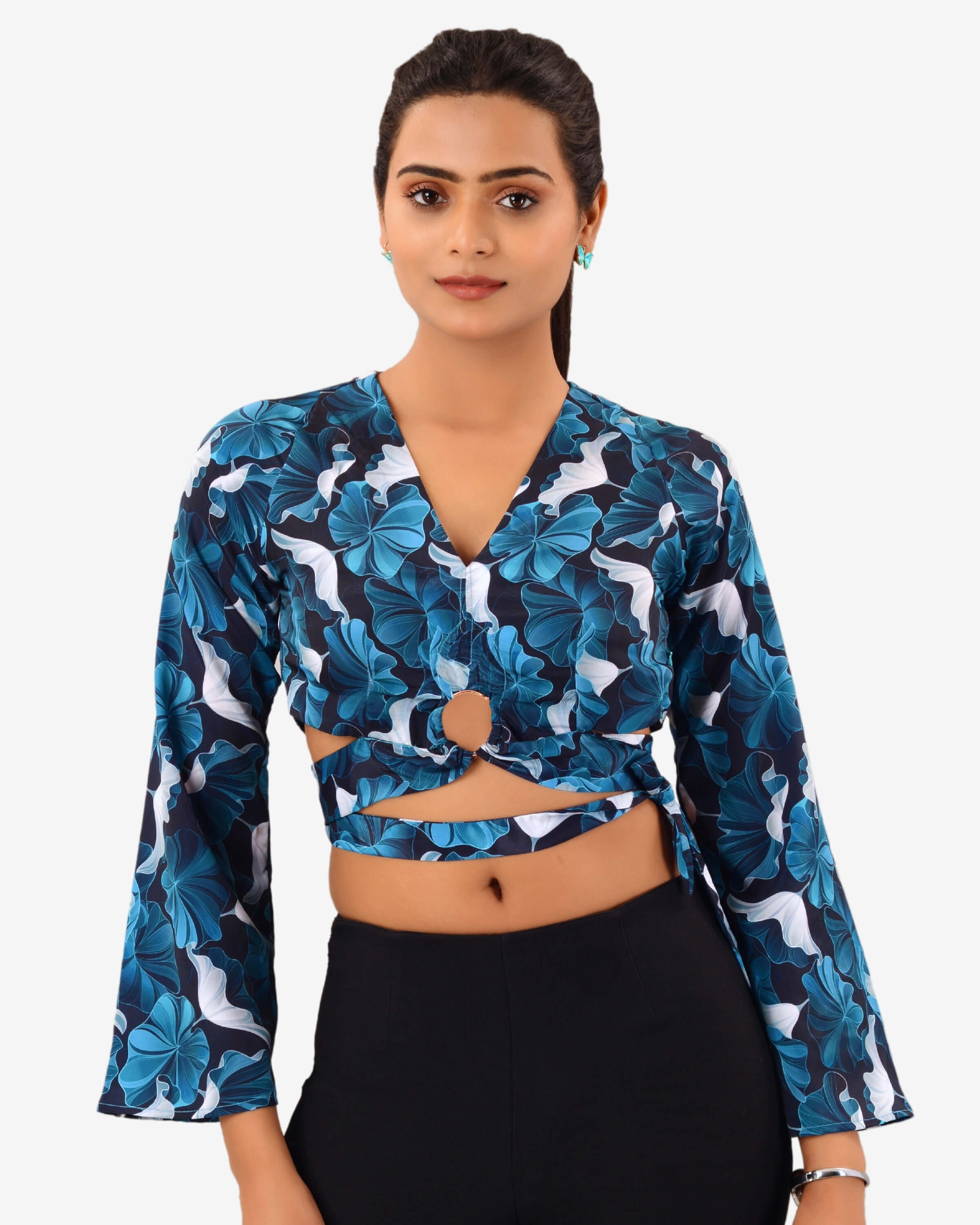 Dramatic Flourish: Bell Sleeve Beauty with Back Dori Crop Blouse