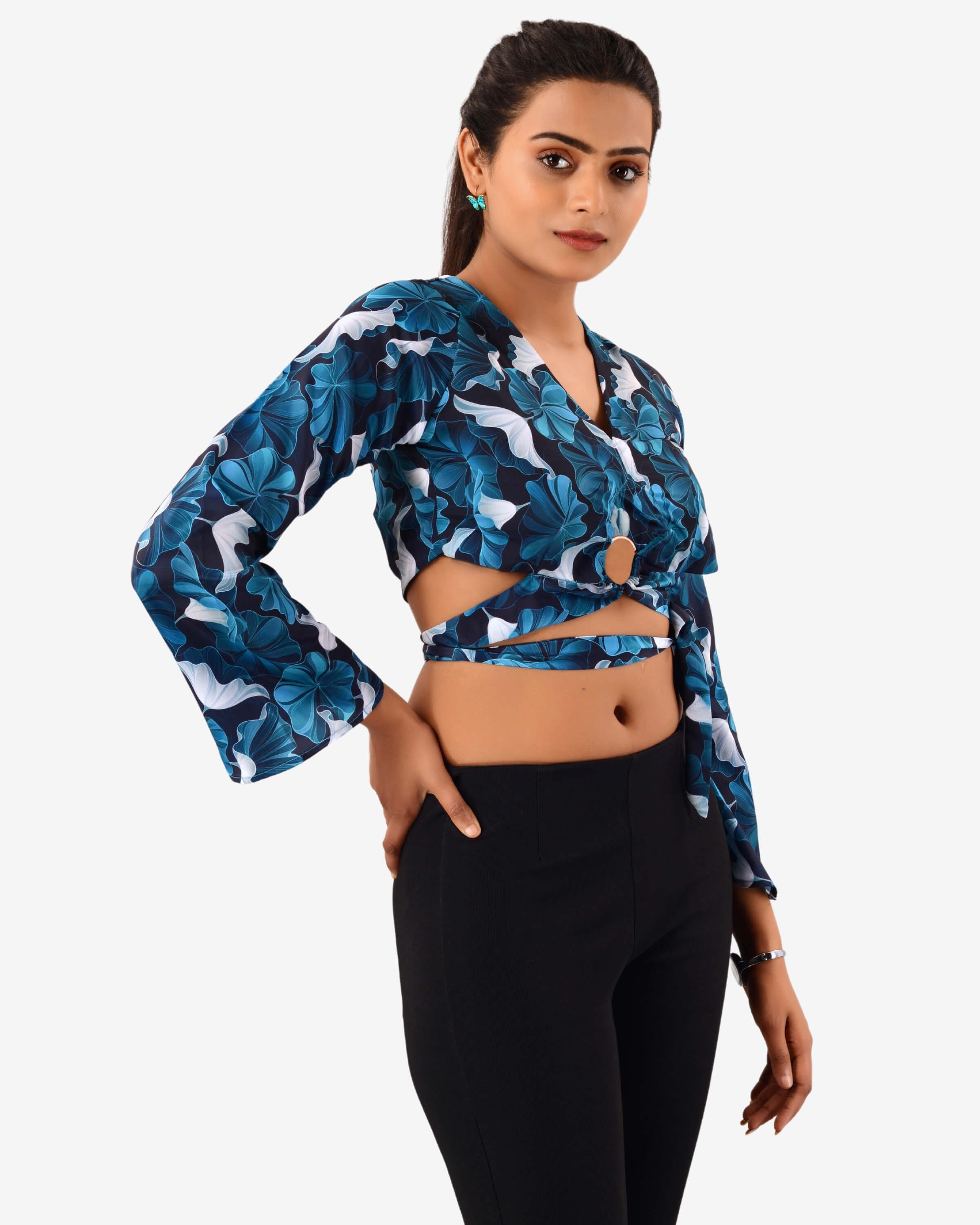 Dramatic Flourish: Bell Sleeve Beauty with Back Dori Crop Blouse