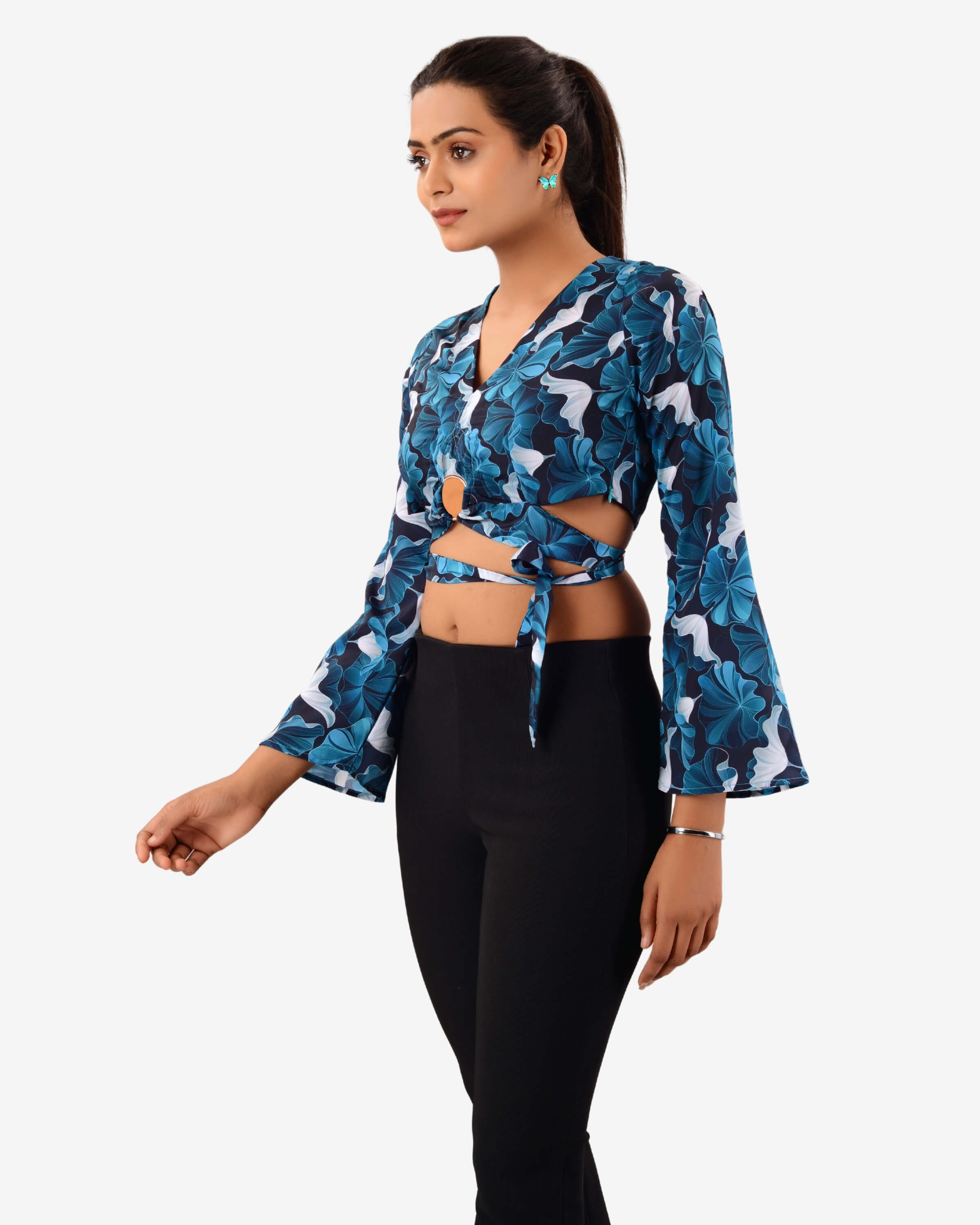 Dramatic Flourish: Bell Sleeve Beauty with Back Dori Crop Blouse