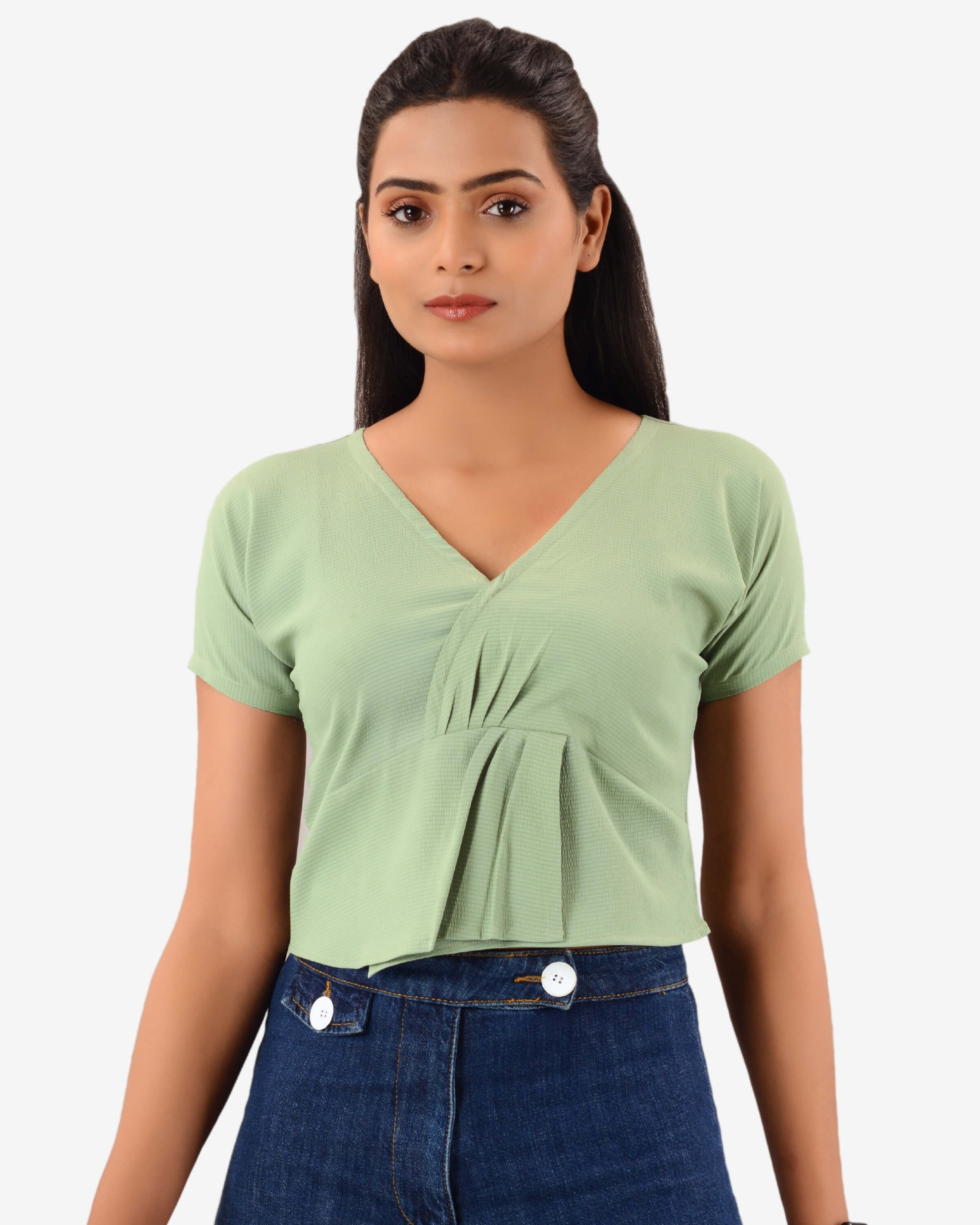 Bare Elegance: V-Neck Pleated Crop Top Delight