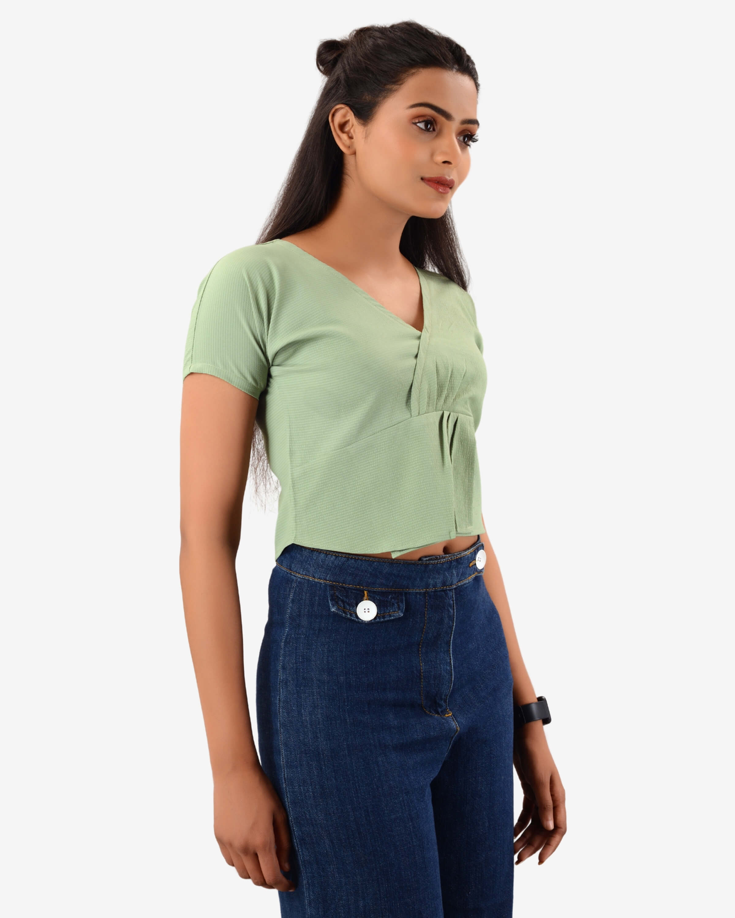 Bare Elegance: V-Neck Pleated Crop Top Delight