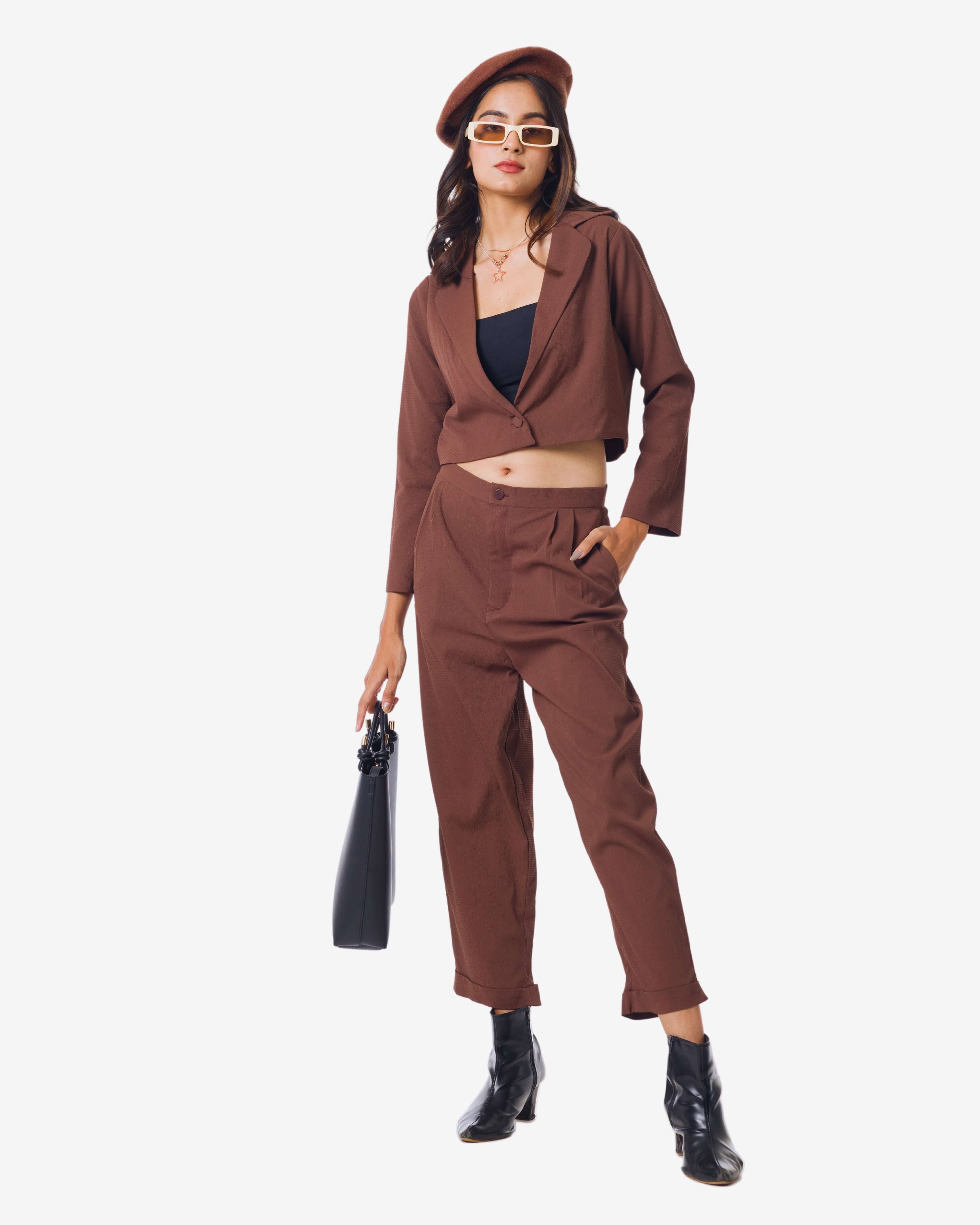 Brown color cropped blazer casual co-ord set with balloon bottom set