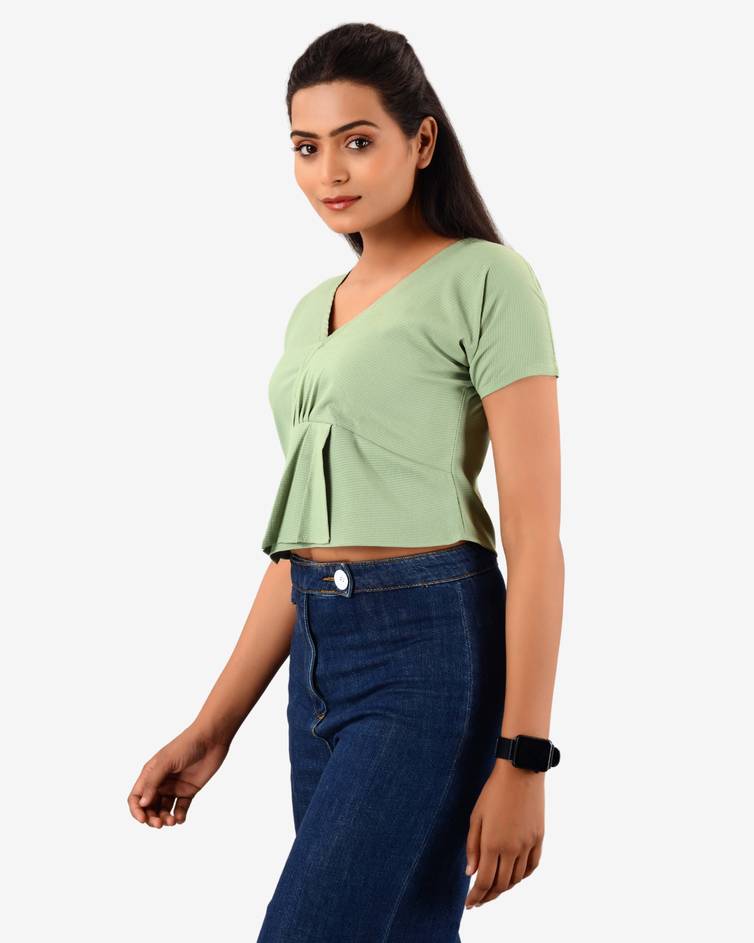 Bare Elegance: V-Neck Pleated Crop Top Delight