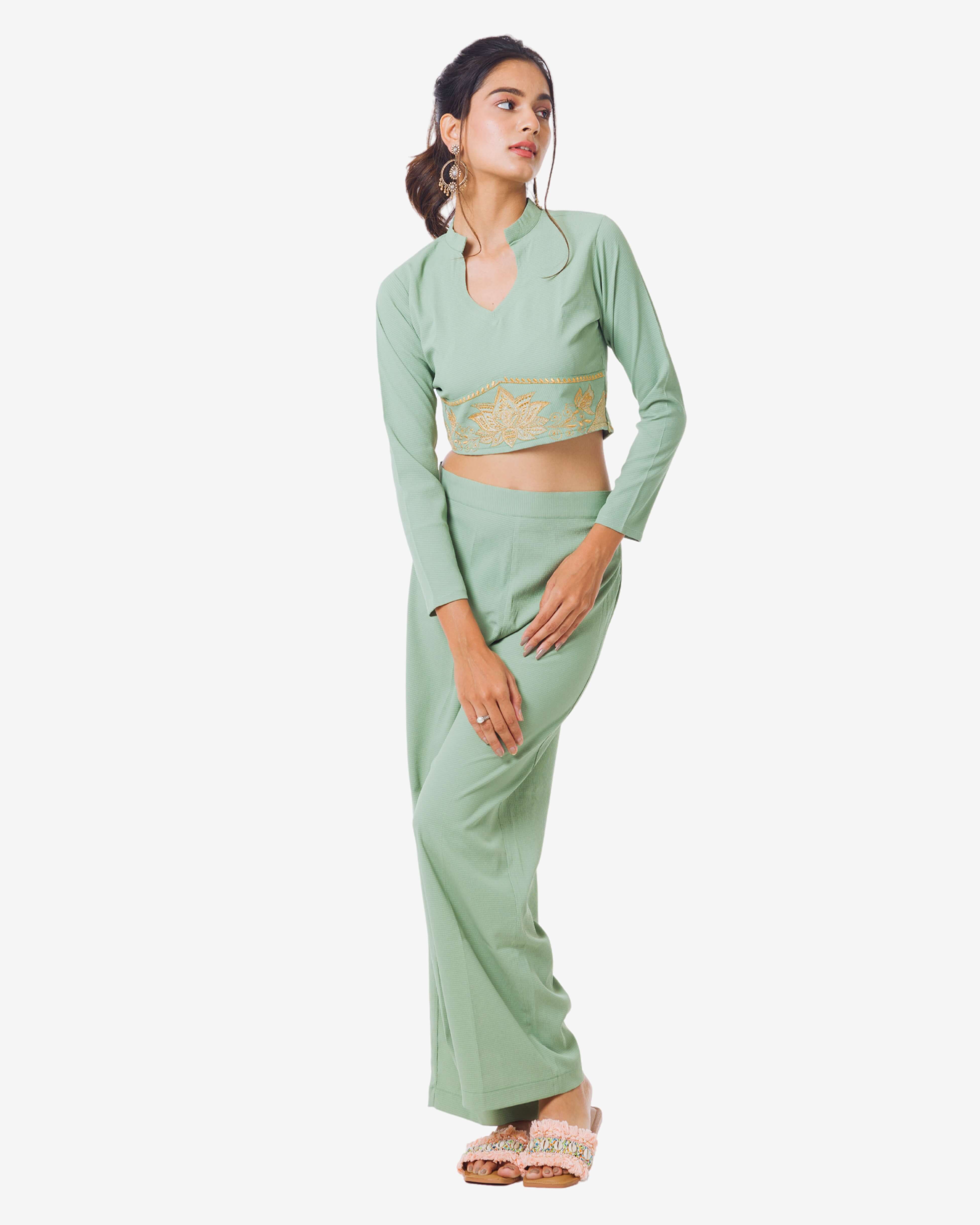 Pastel Green Embroidered Top & Trousers set