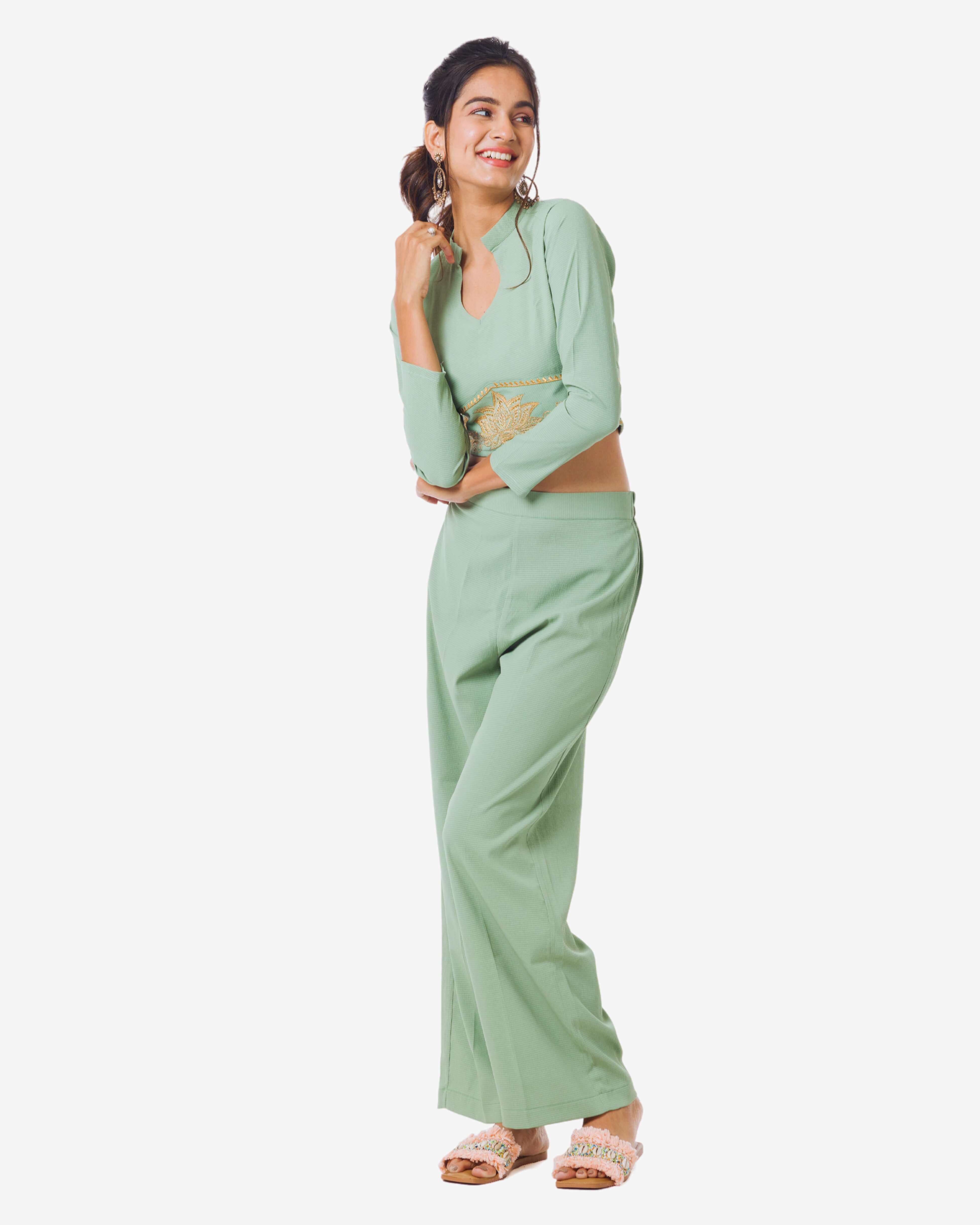 Pastel Green Embroidered Top & Trousers set