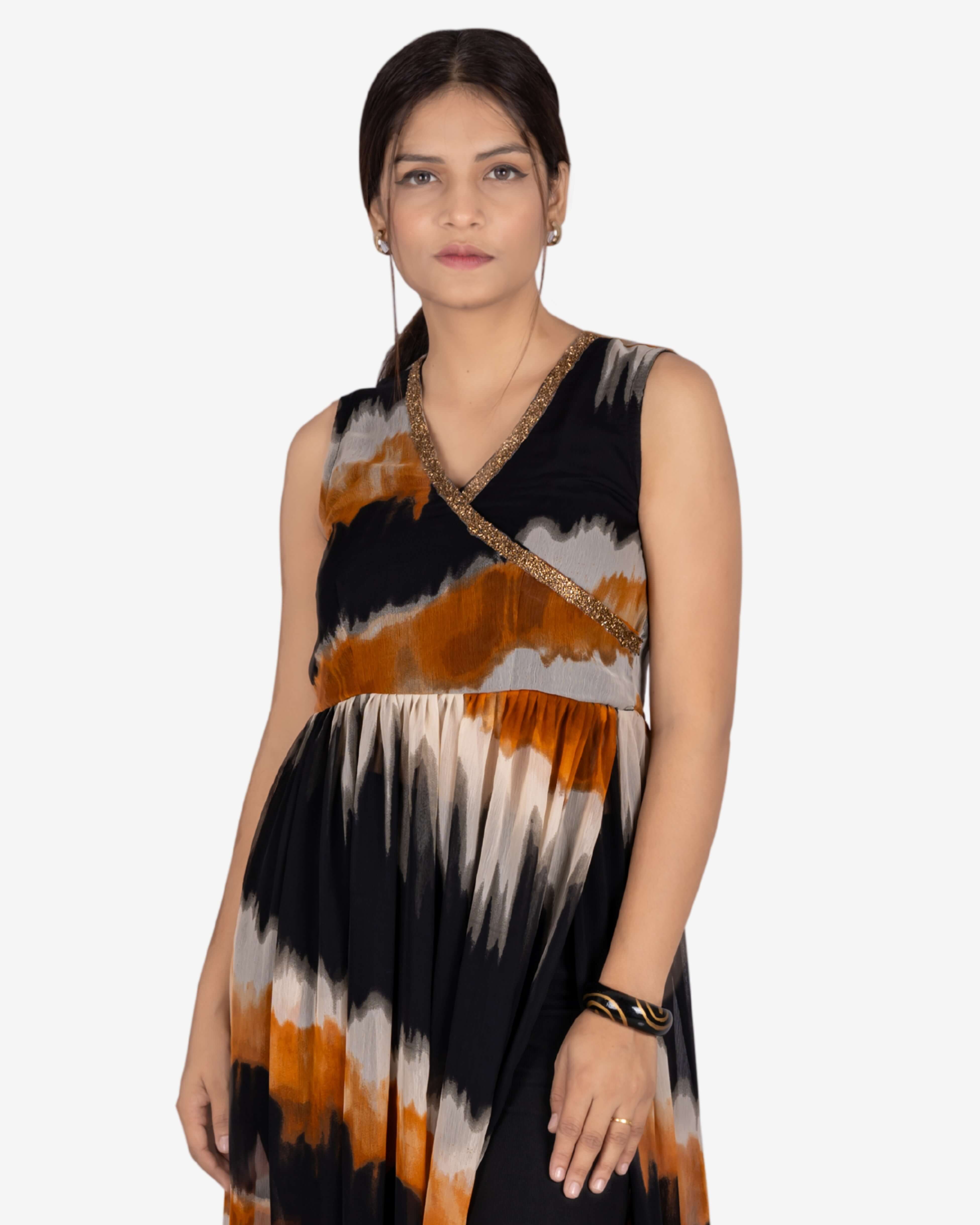 Beige and Black Ikkat Print Tunic For Women