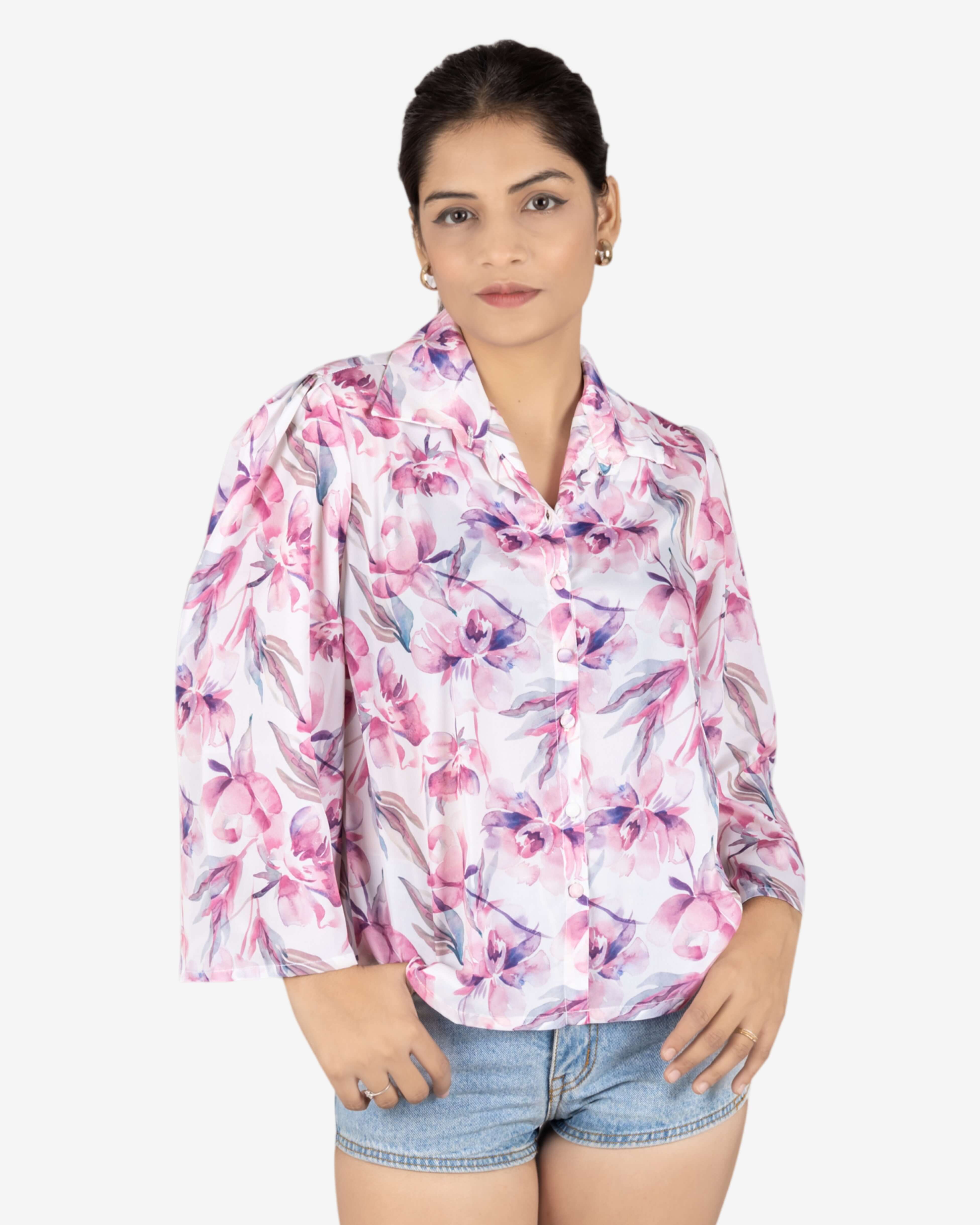 Women’s Pink Floral Print White Top