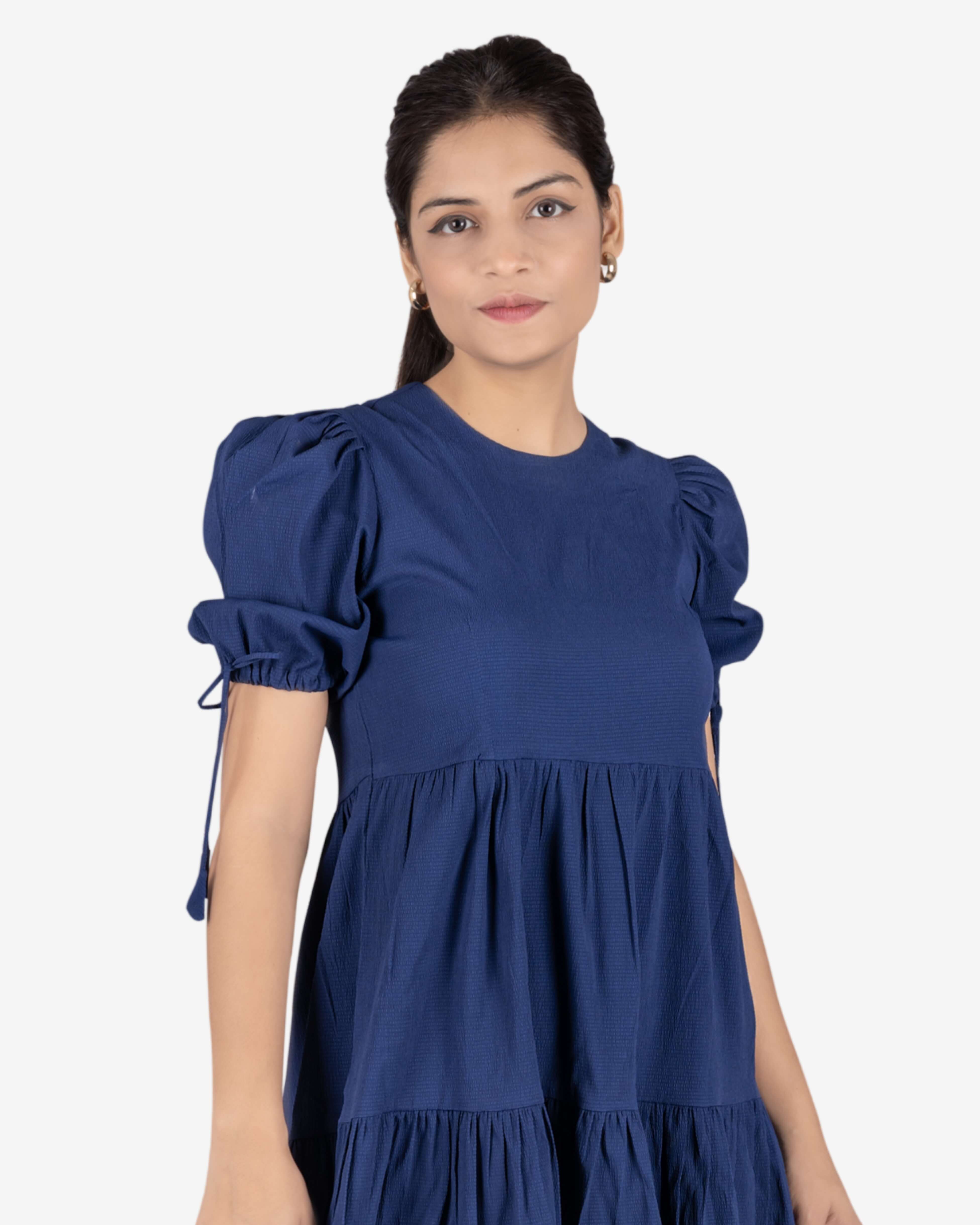 Chic Navy Blue Puff-Sleeve Tiered Dress For Women