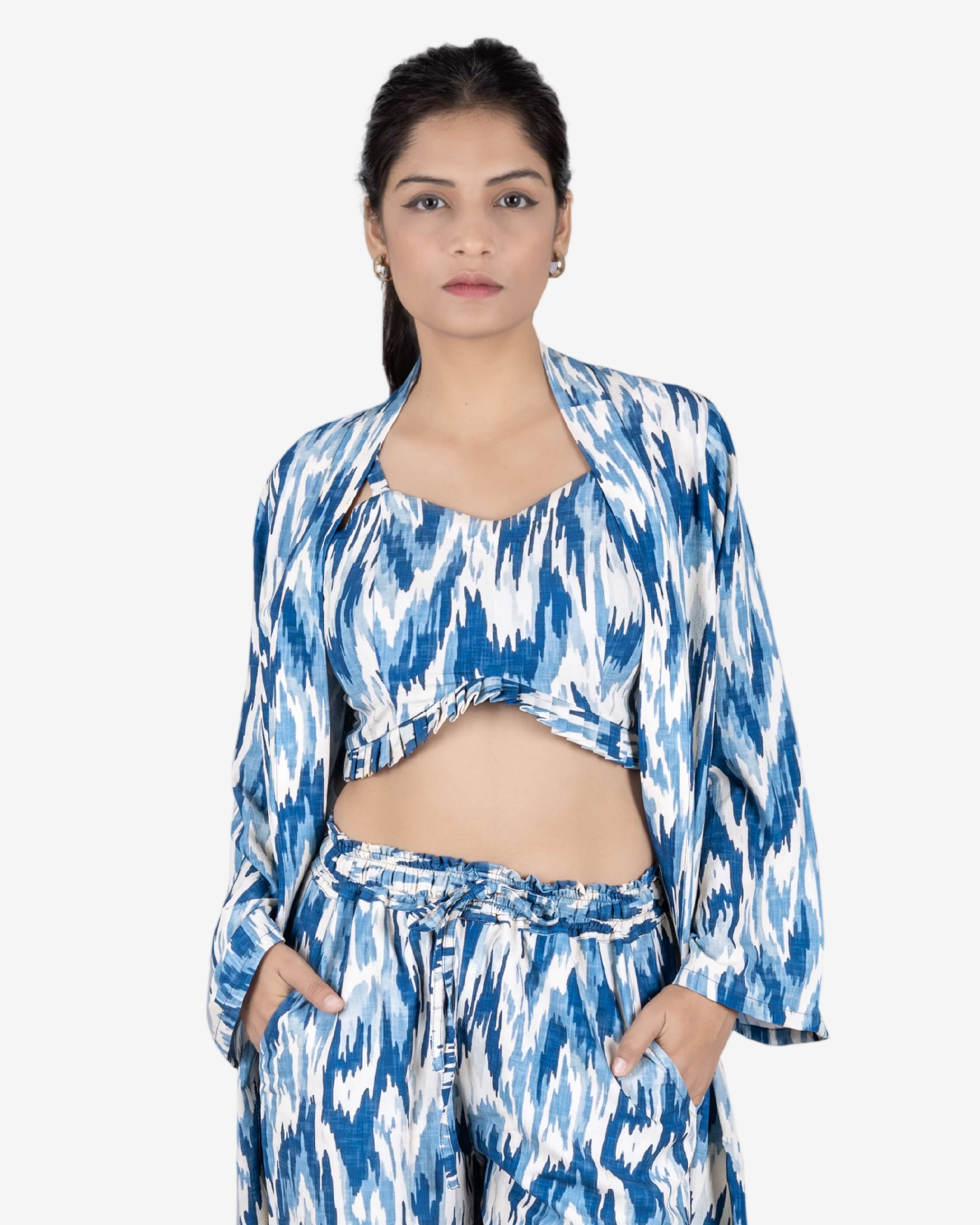 White and Blue 3-Piece Ikat Print Co-ord Set for Women