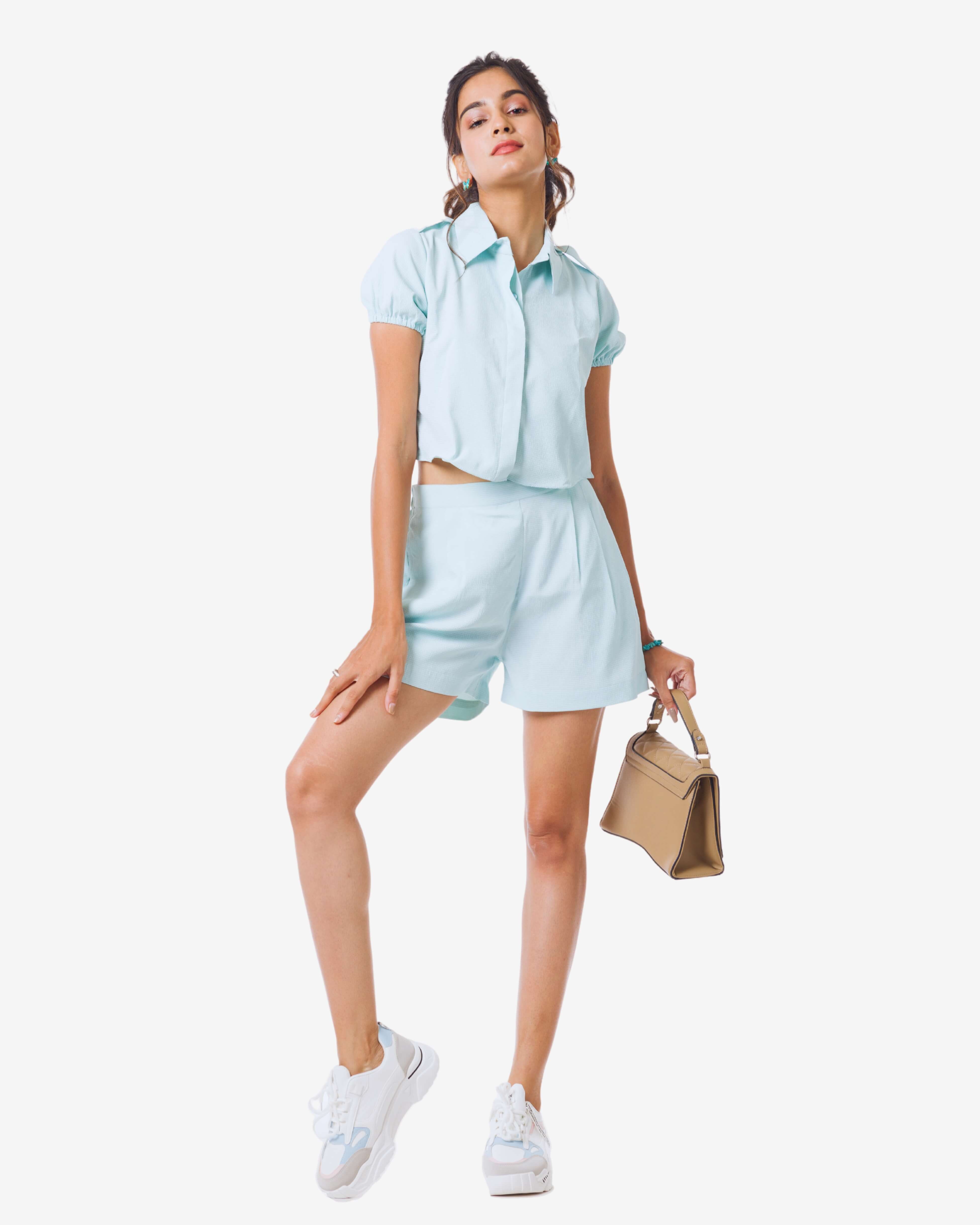 Aqua Green Elegance: Shirt & Shorts Set