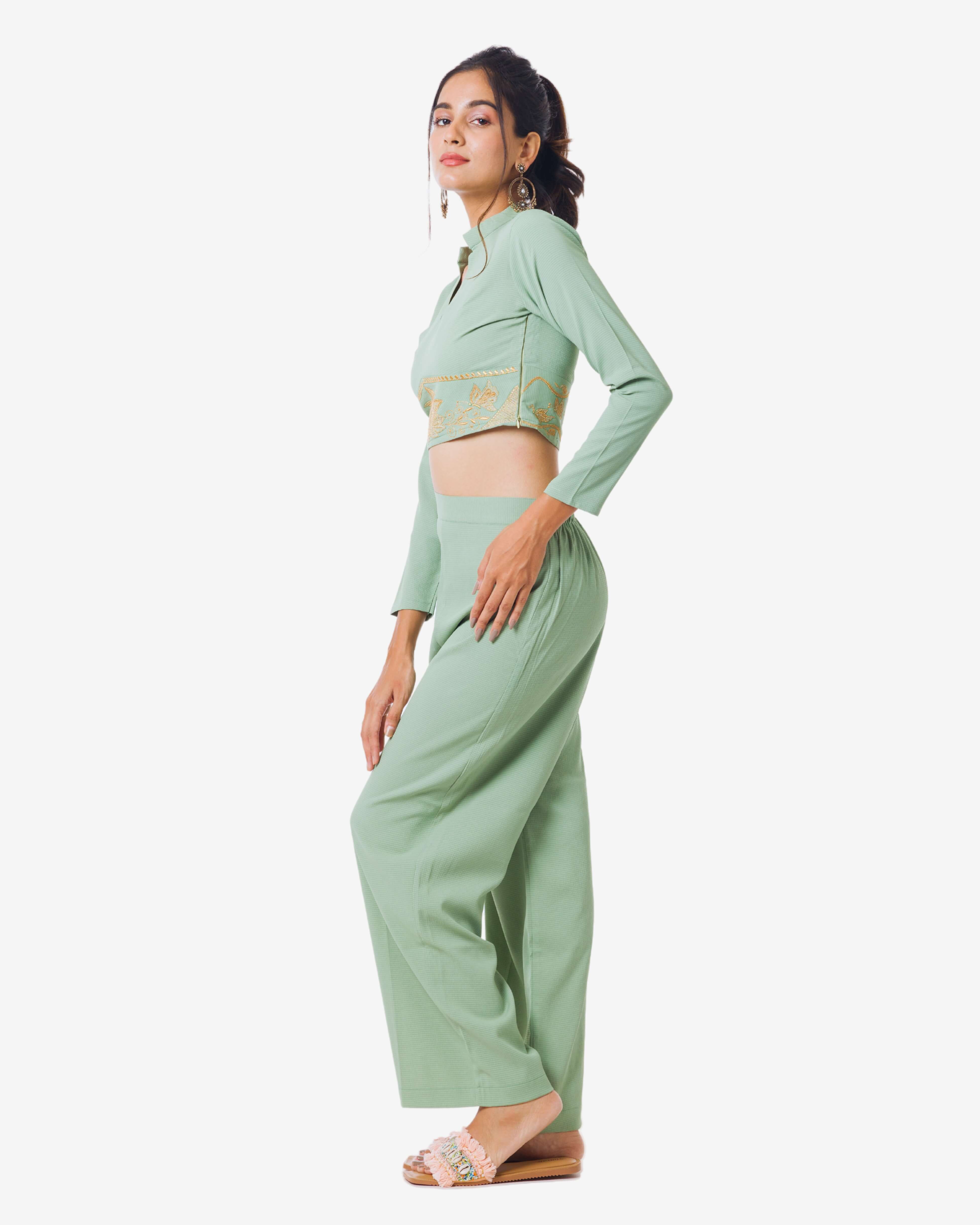 Pastel Green Embroidered Top & Trousers set