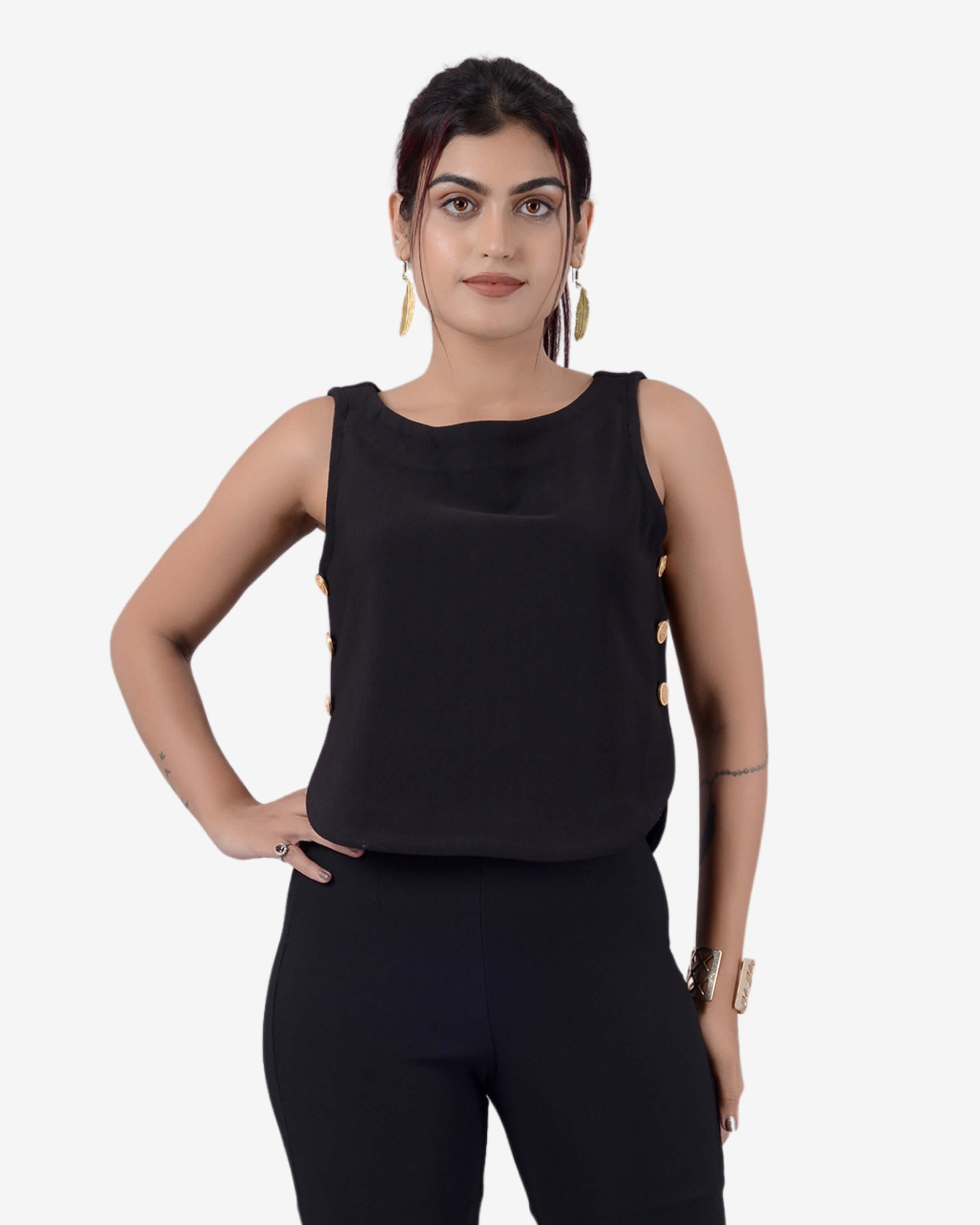 Nightfall Chic: Black Sleeveless Boatneck Crop Top & Bell Bottom Pant Ensemble for Women | Girls