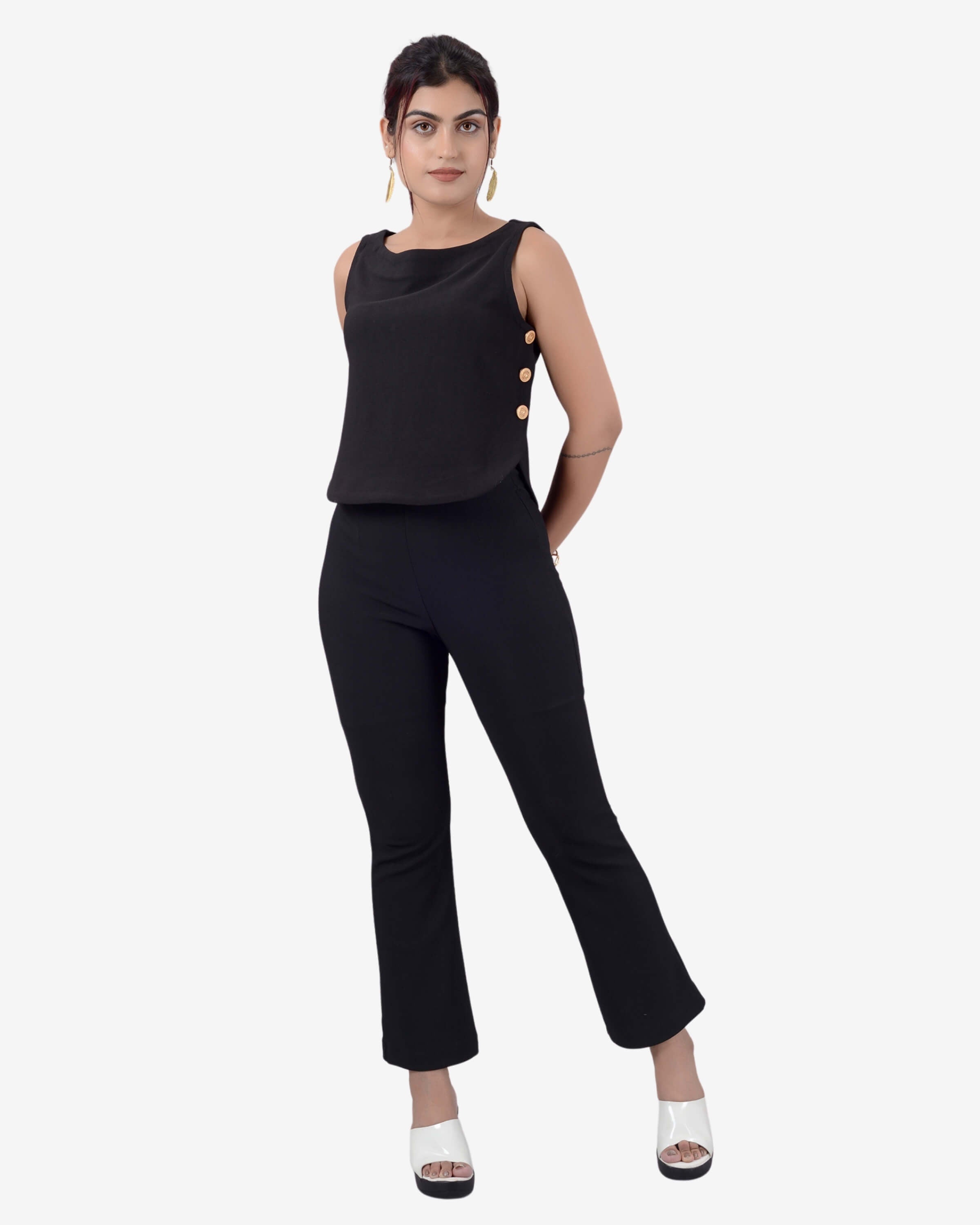 Nightfall Chic: Black Sleeveless Boatneck Crop Top & Bell Bottom Pant Ensemble for Women | Girls