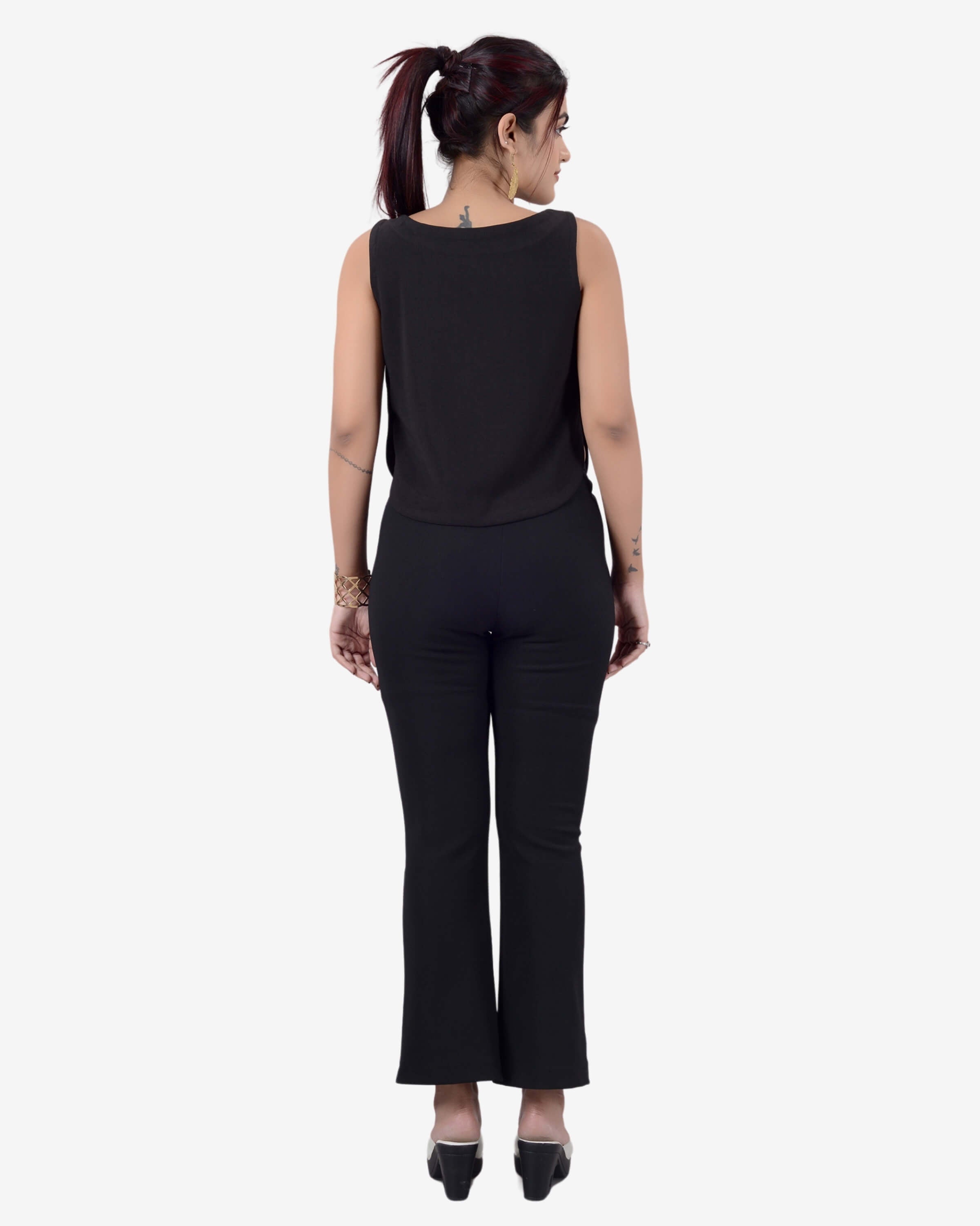 Nightfall Chic: Black Sleeveless Boatneck Crop Top & Bell Bottom Pant Ensemble for Women | Girls