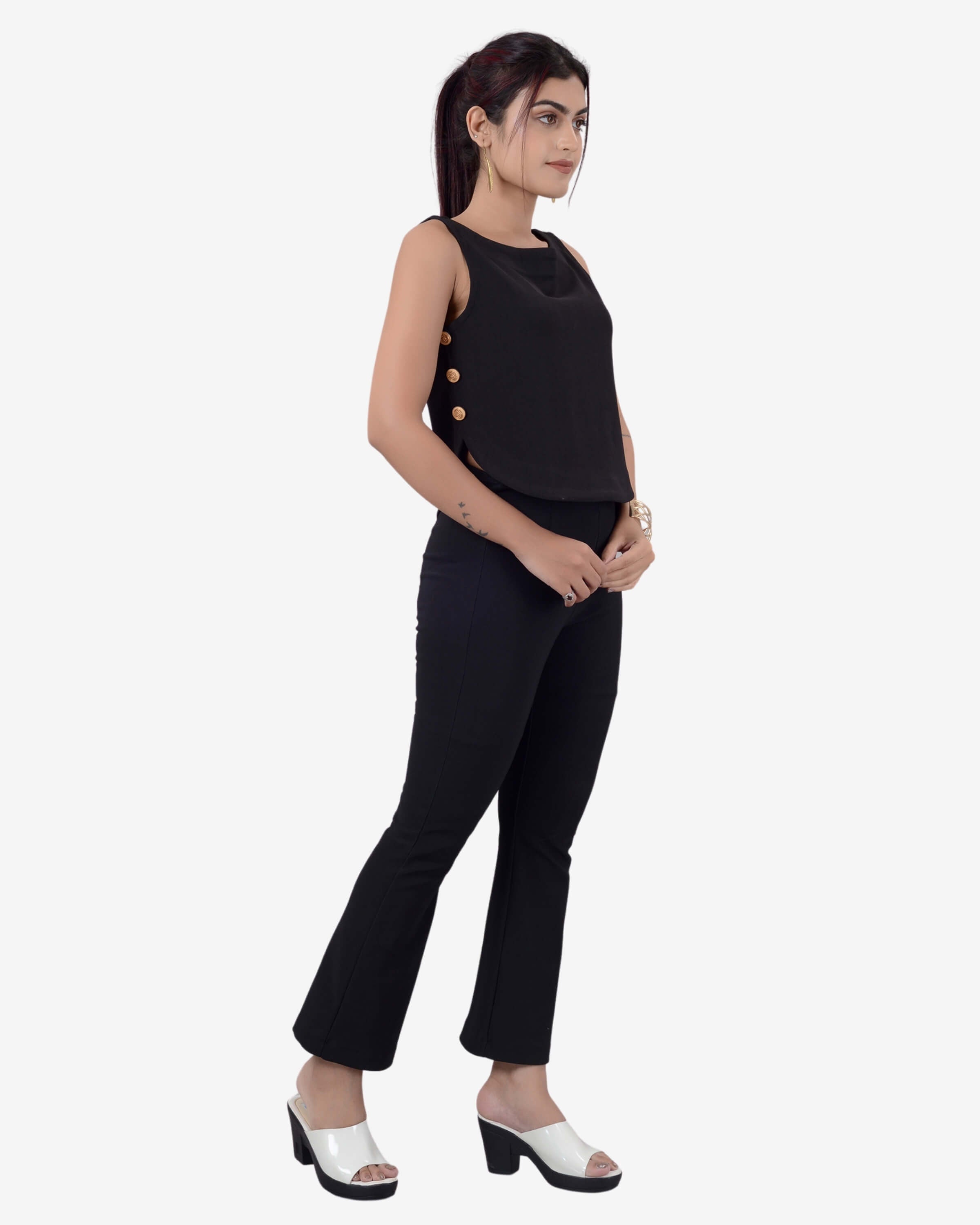 Nightfall Chic: Black Sleeveless Boatneck Crop Top & Bell Bottom Pant Ensemble for Women | Girls