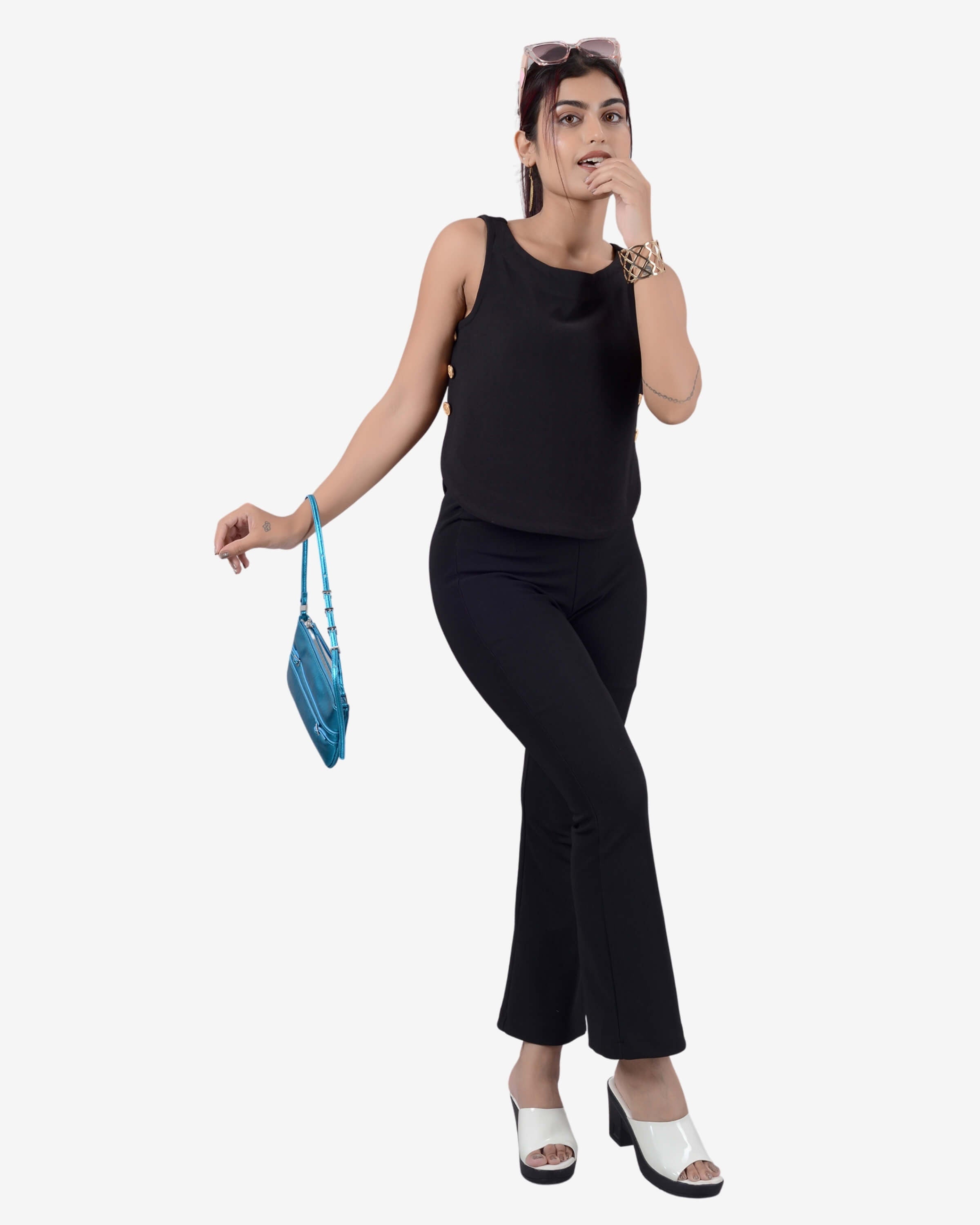 Nightfall Chic: Black Sleeveless Boatneck Crop Top & Bell Bottom Pant Ensemble for Women | Girls