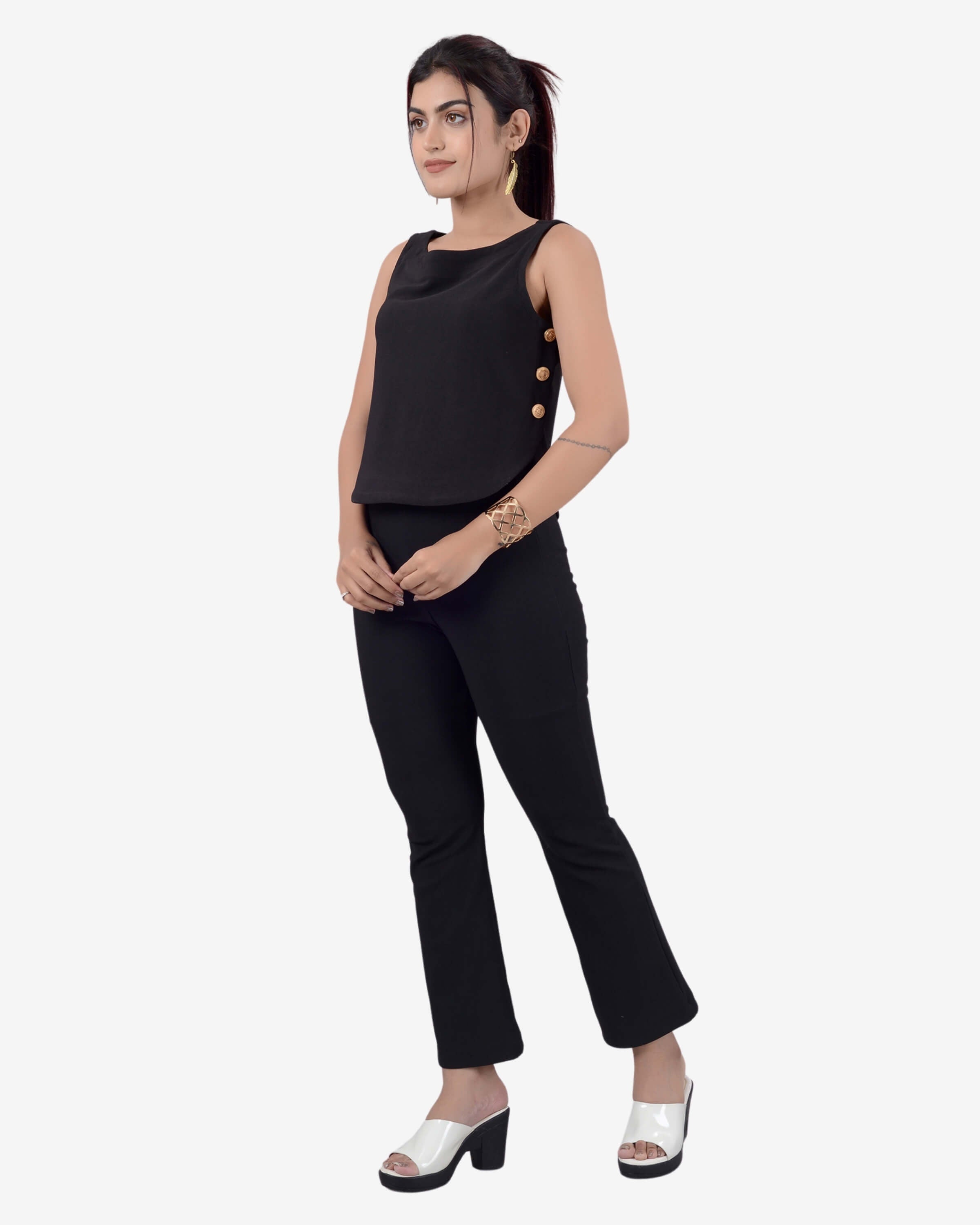 Nightfall Chic: Black Sleeveless Boatneck Crop Top & Bell Bottom Pant Ensemble for Women | Girls