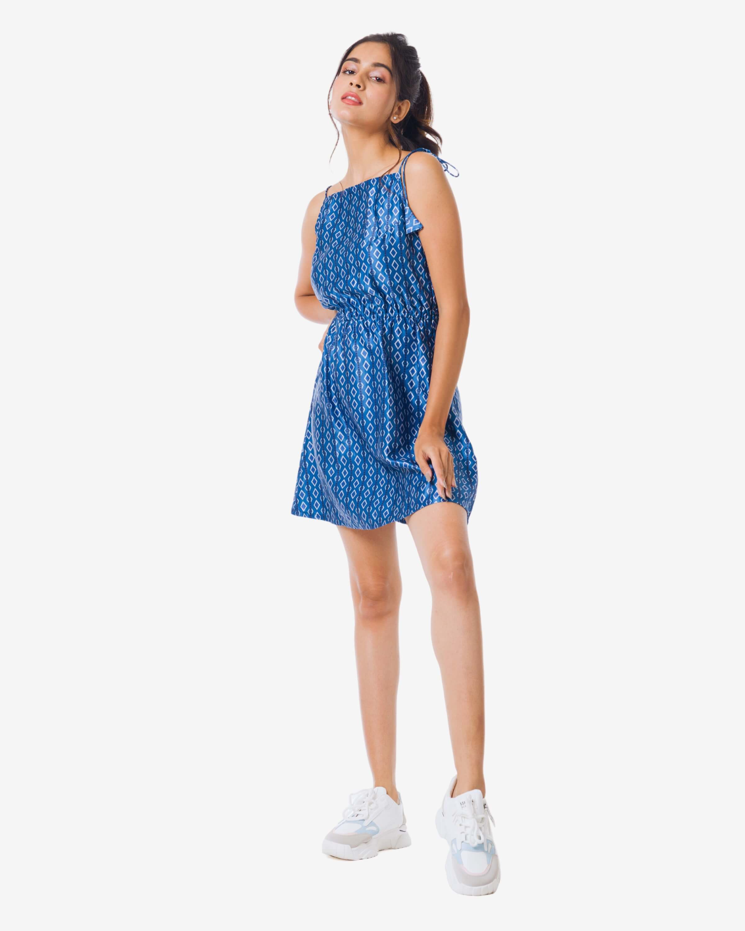 Vertical white stripes Printed blue one piece dress with tie up on shoulder