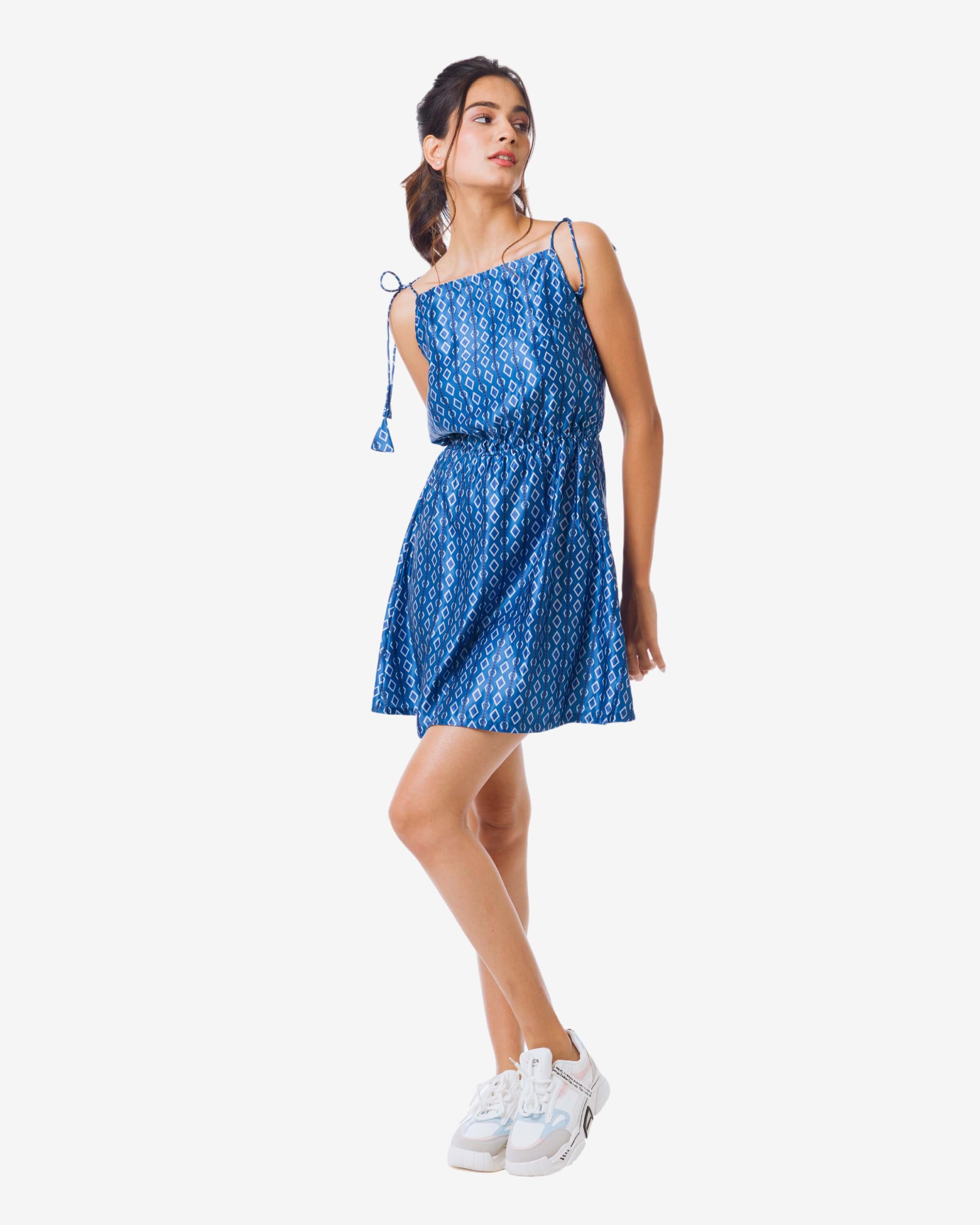 Vertical white stripes Printed blue one piece dress with tie up on shoulder