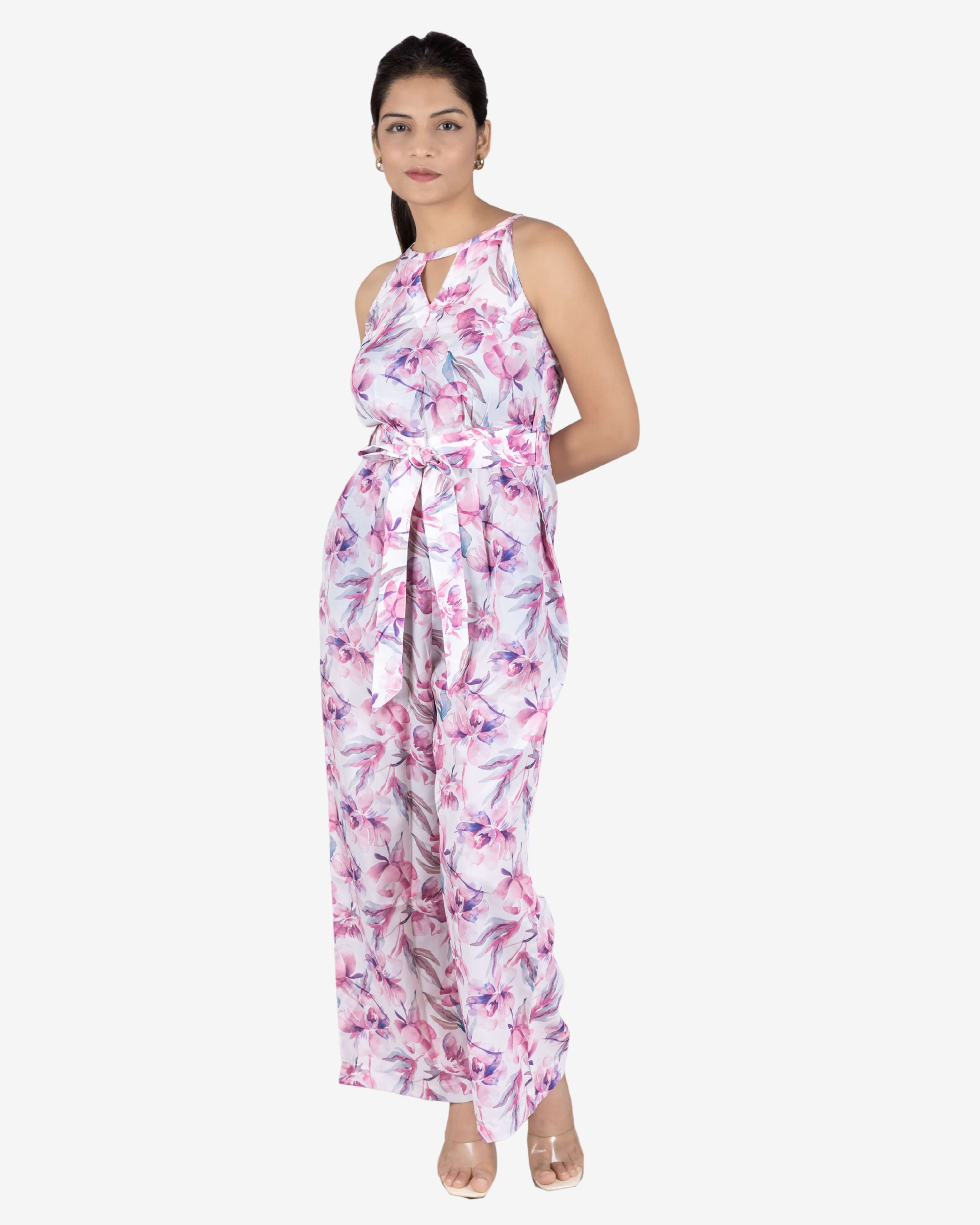 Pink Floral Print White Color Jumpsuit for Women