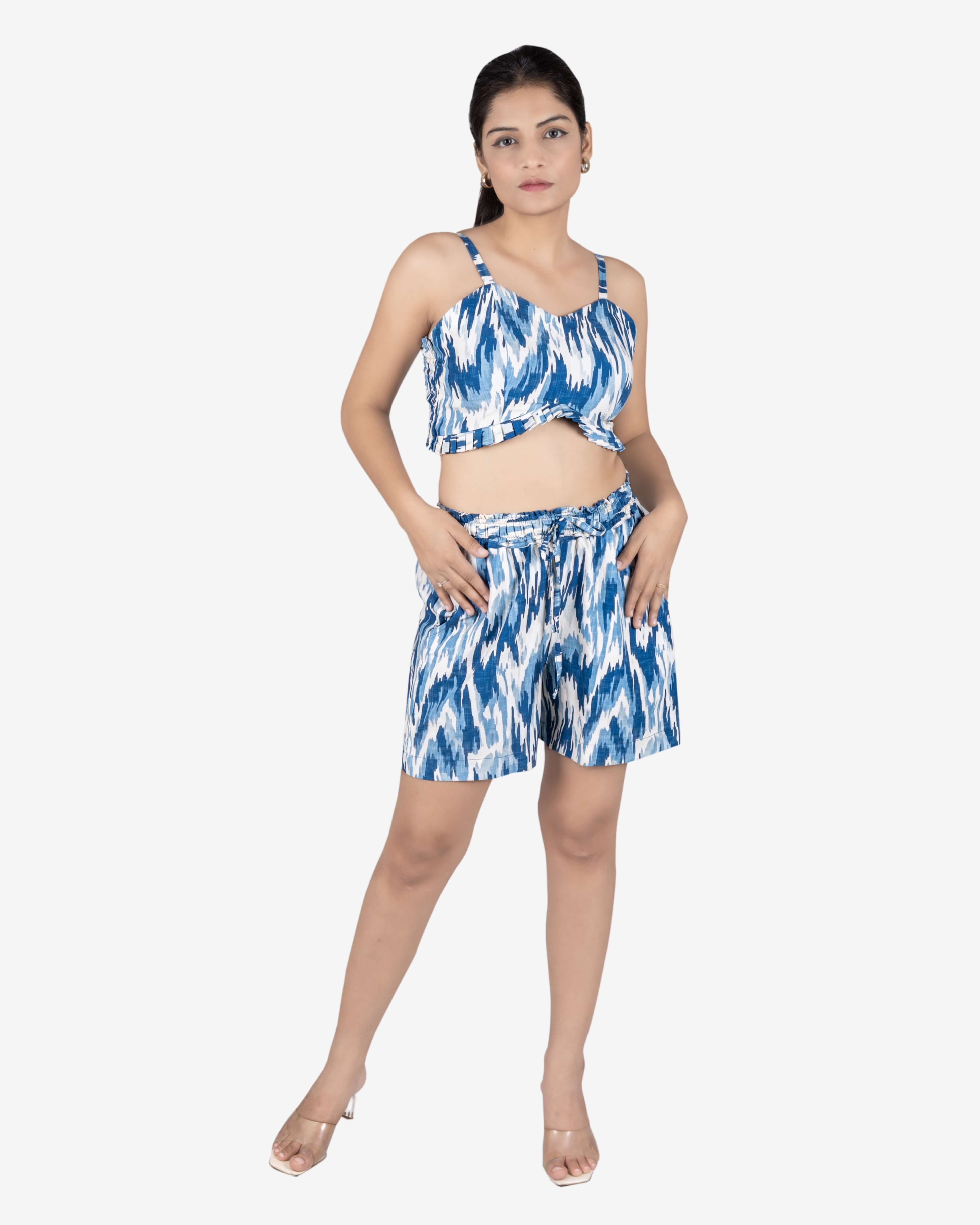 White and Blue 3-Piece Ikat Print Co-ord Set for Women