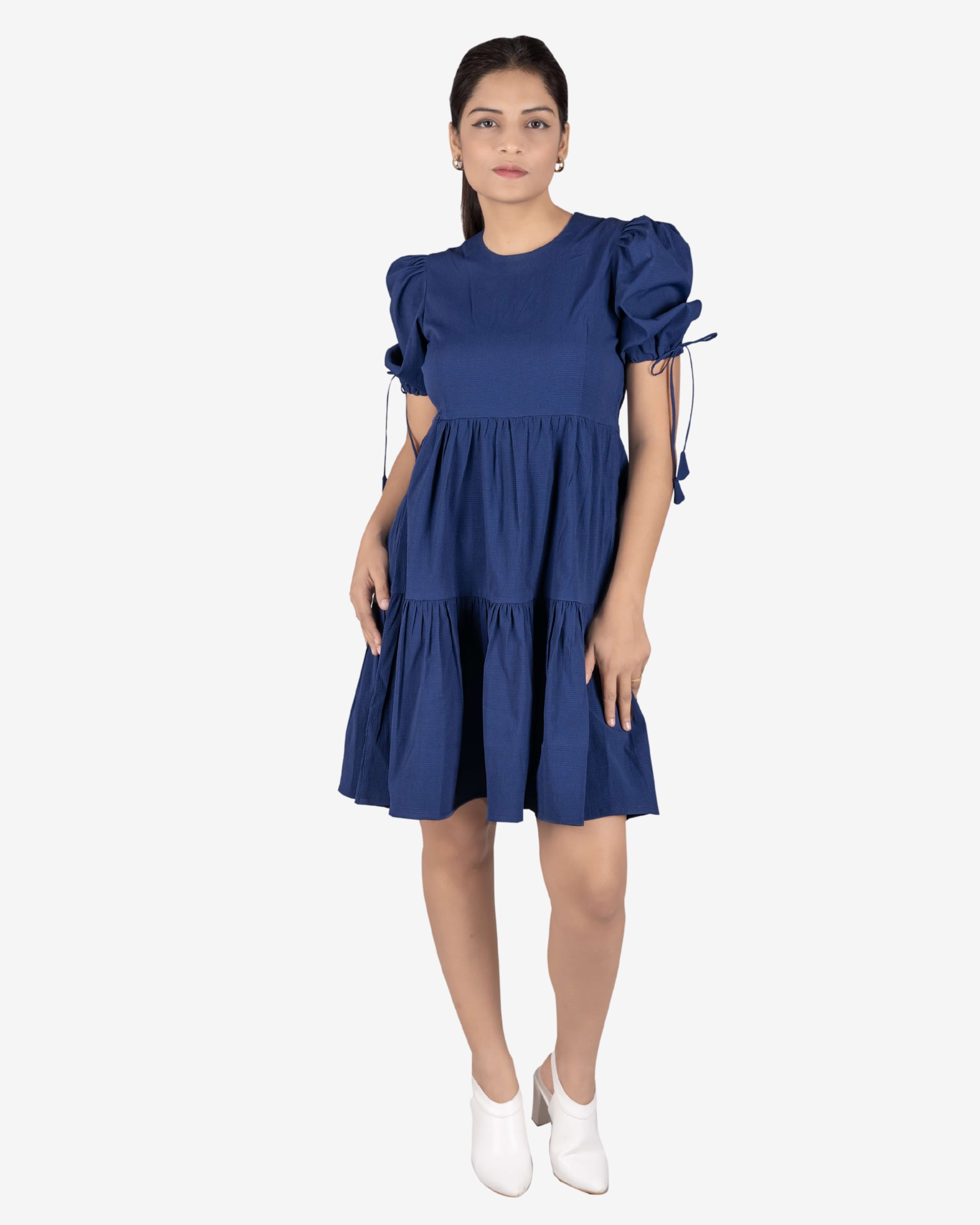 Chic Navy Blue Puff-Sleeve Tiered Dress For Women