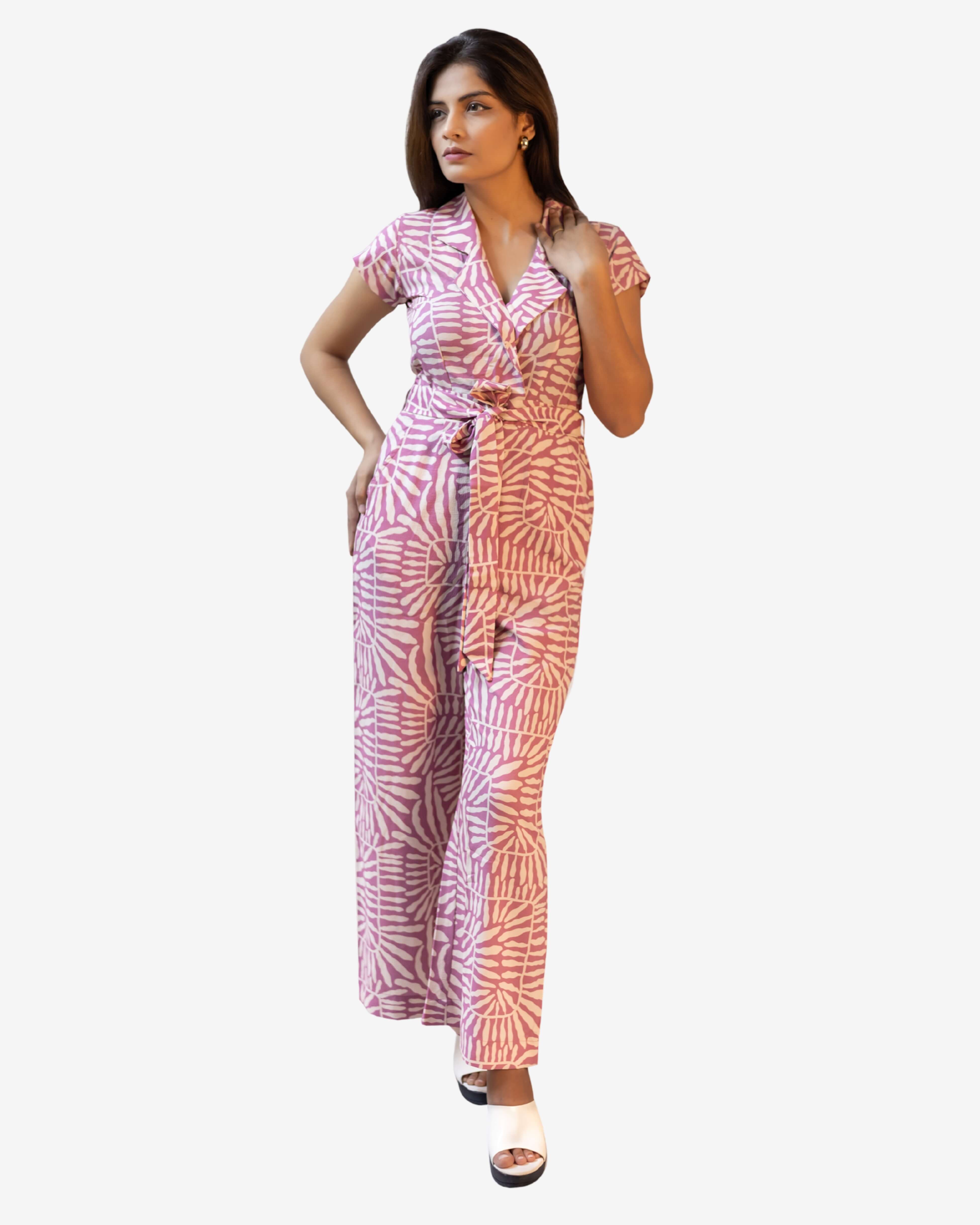 Pink Color Palm Leaf Print Jumpsuit For Women