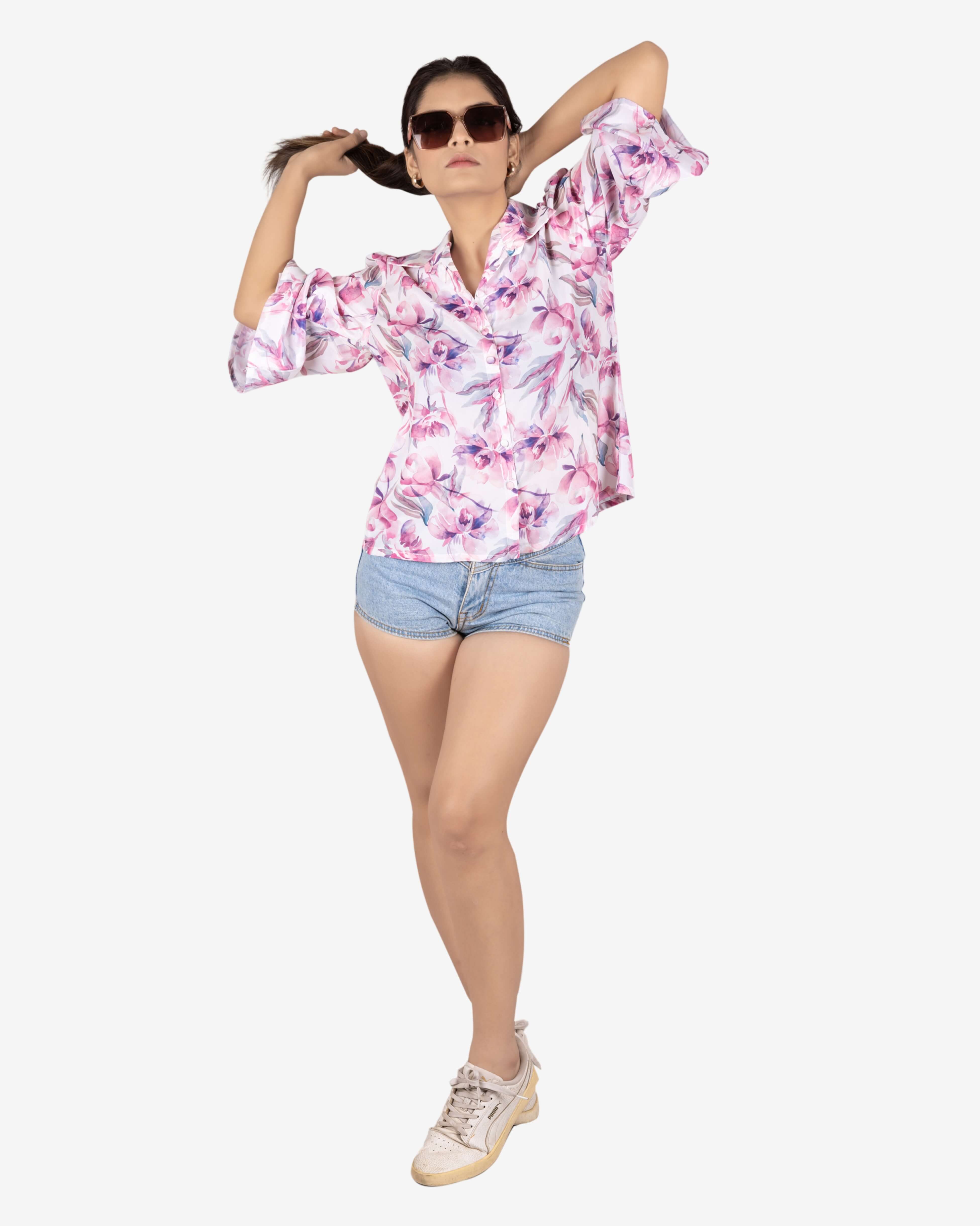 Women’s Pink Floral Print White Top