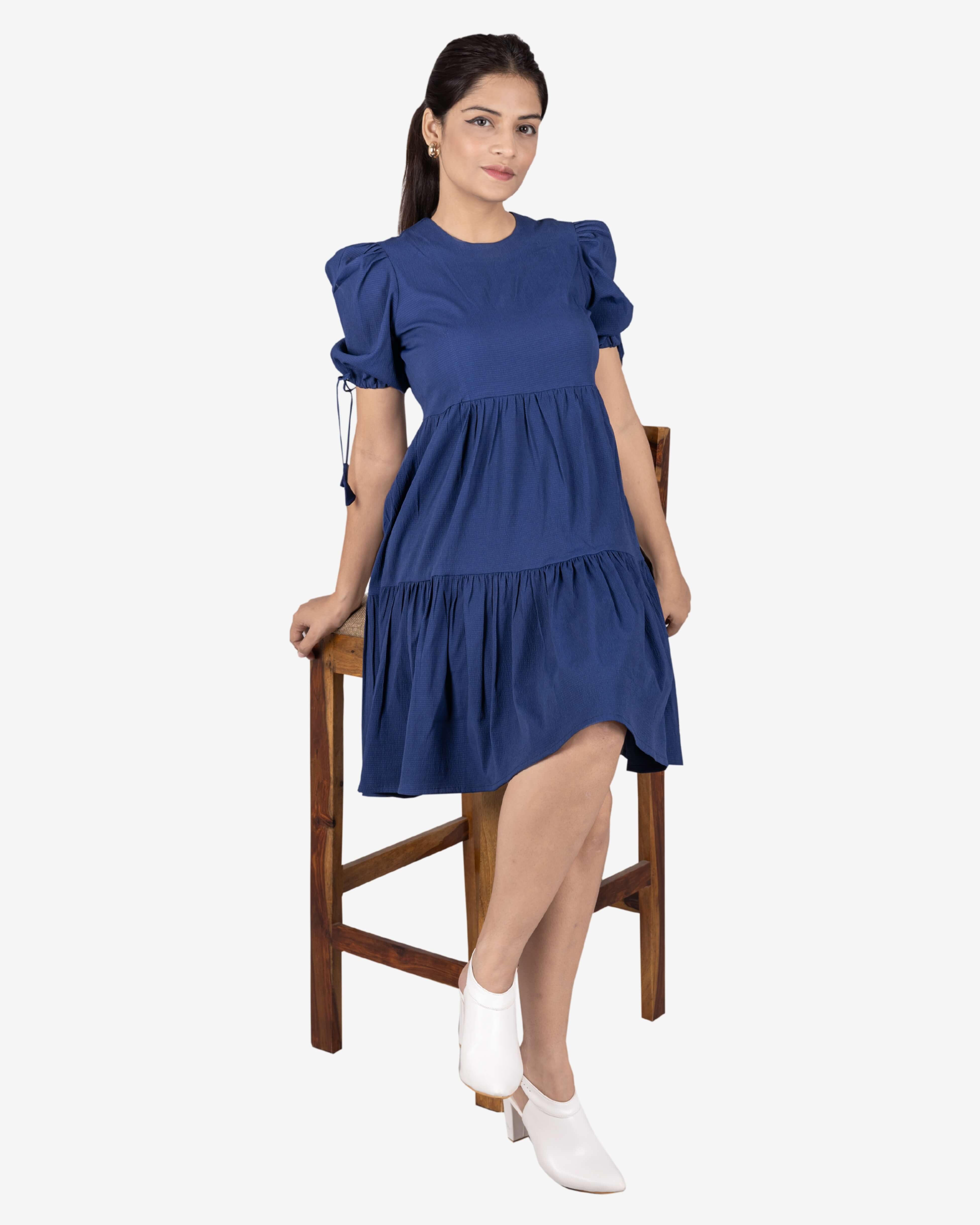 Chic Navy Blue Puff-Sleeve Tiered Dress For Women