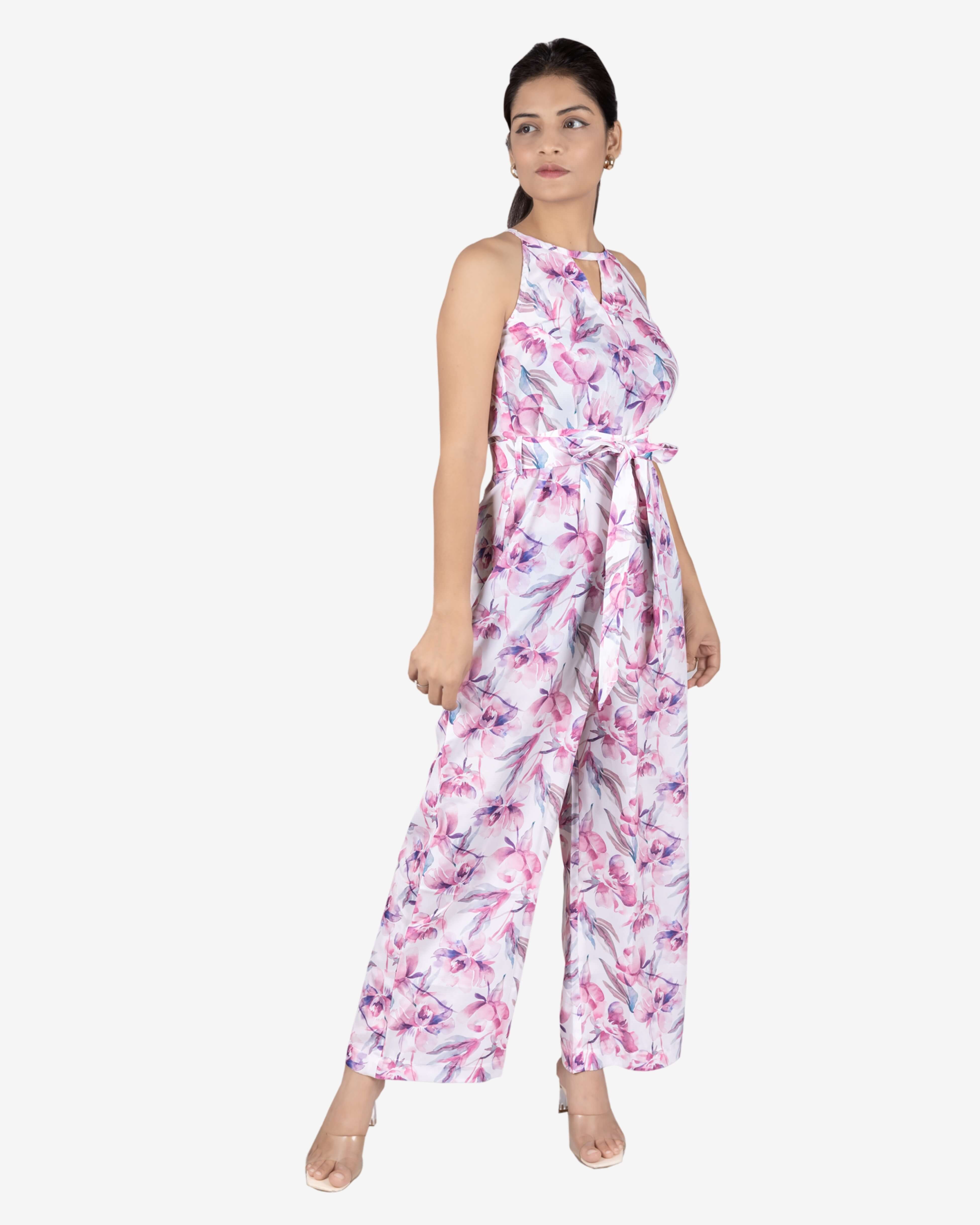 Pink Floral Print White Color Jumpsuit for Women