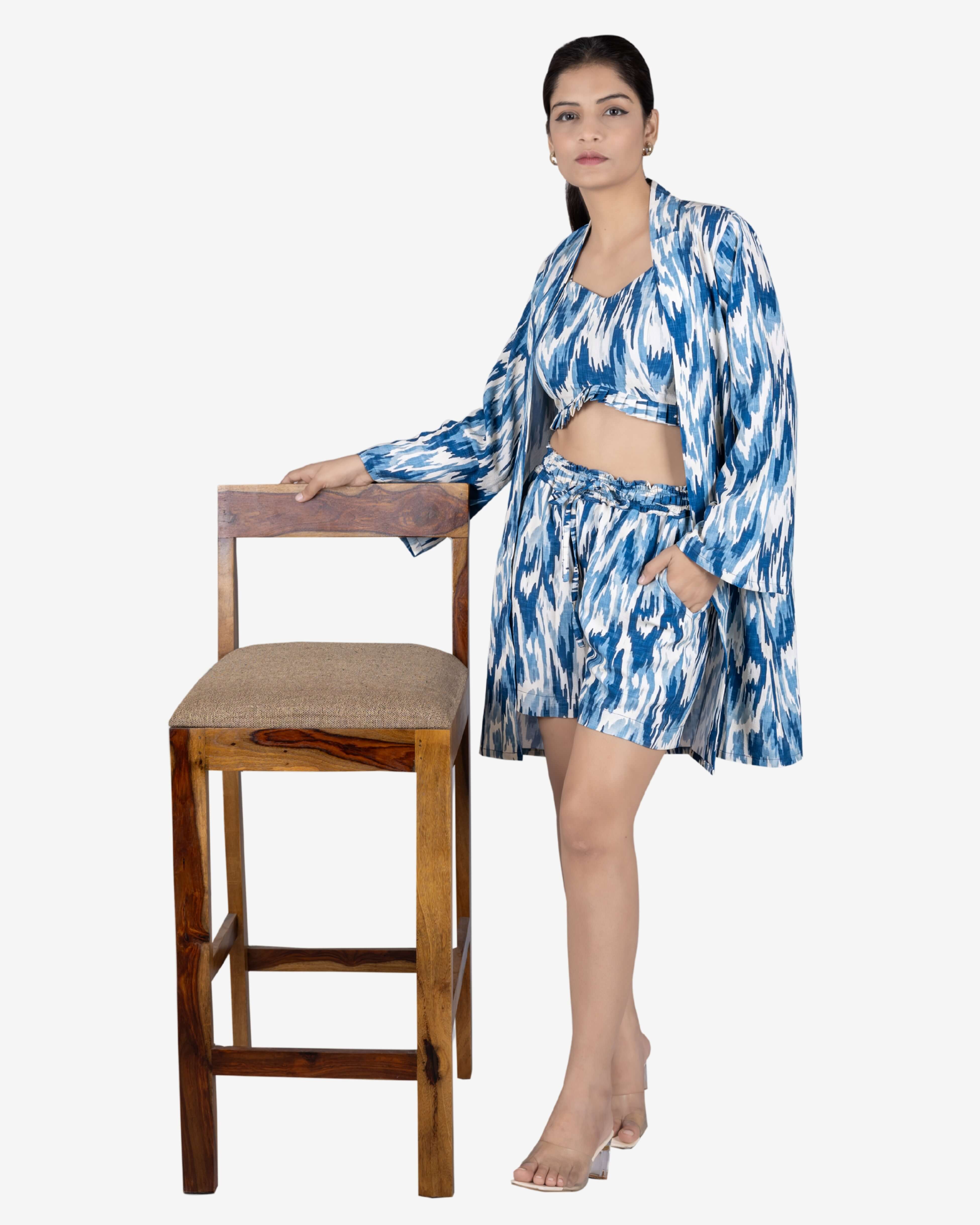 White and Blue 3-Piece Ikat Print Co-ord Set for Women