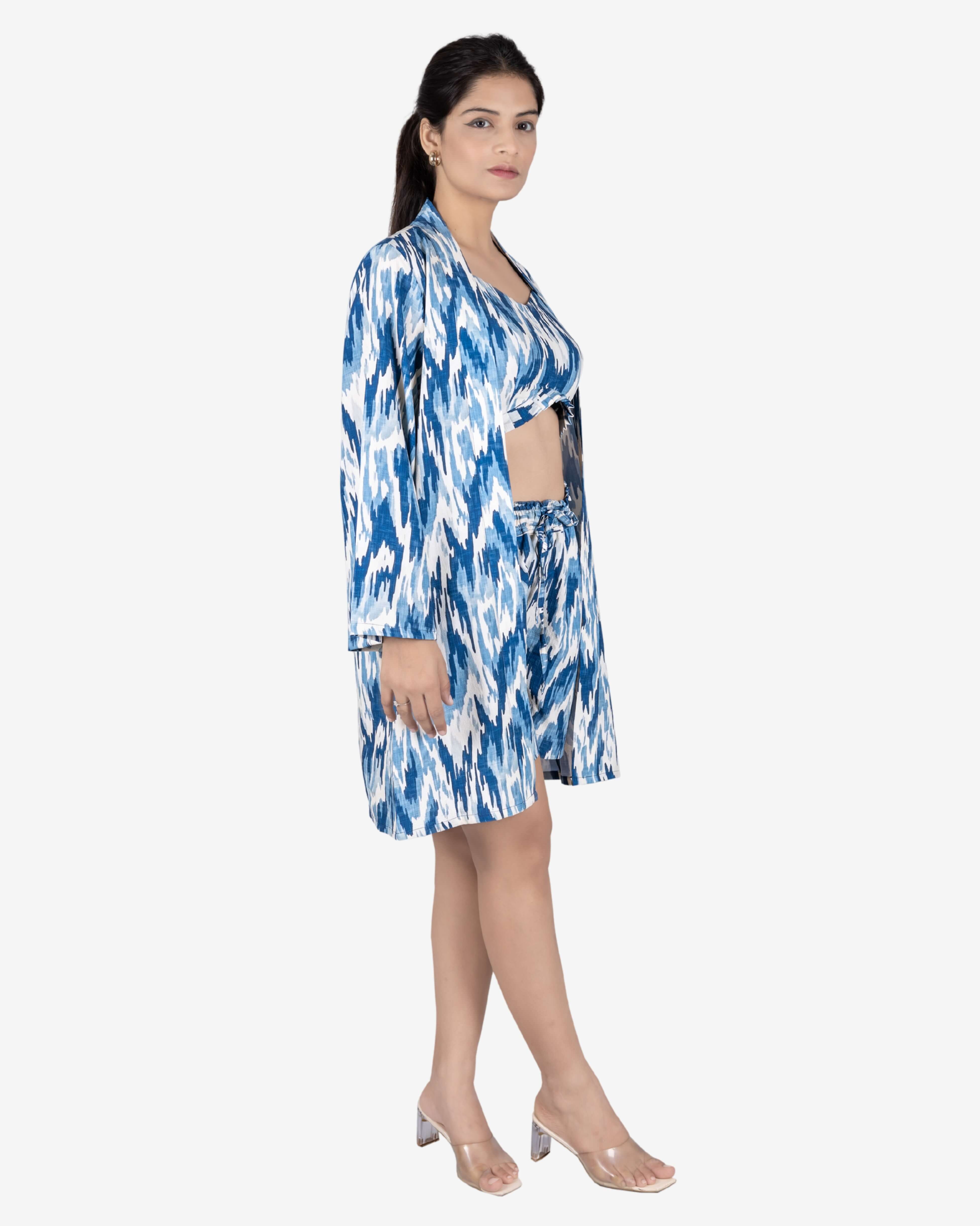 White and Blue 3-Piece Ikat Print Co-ord Set for Women