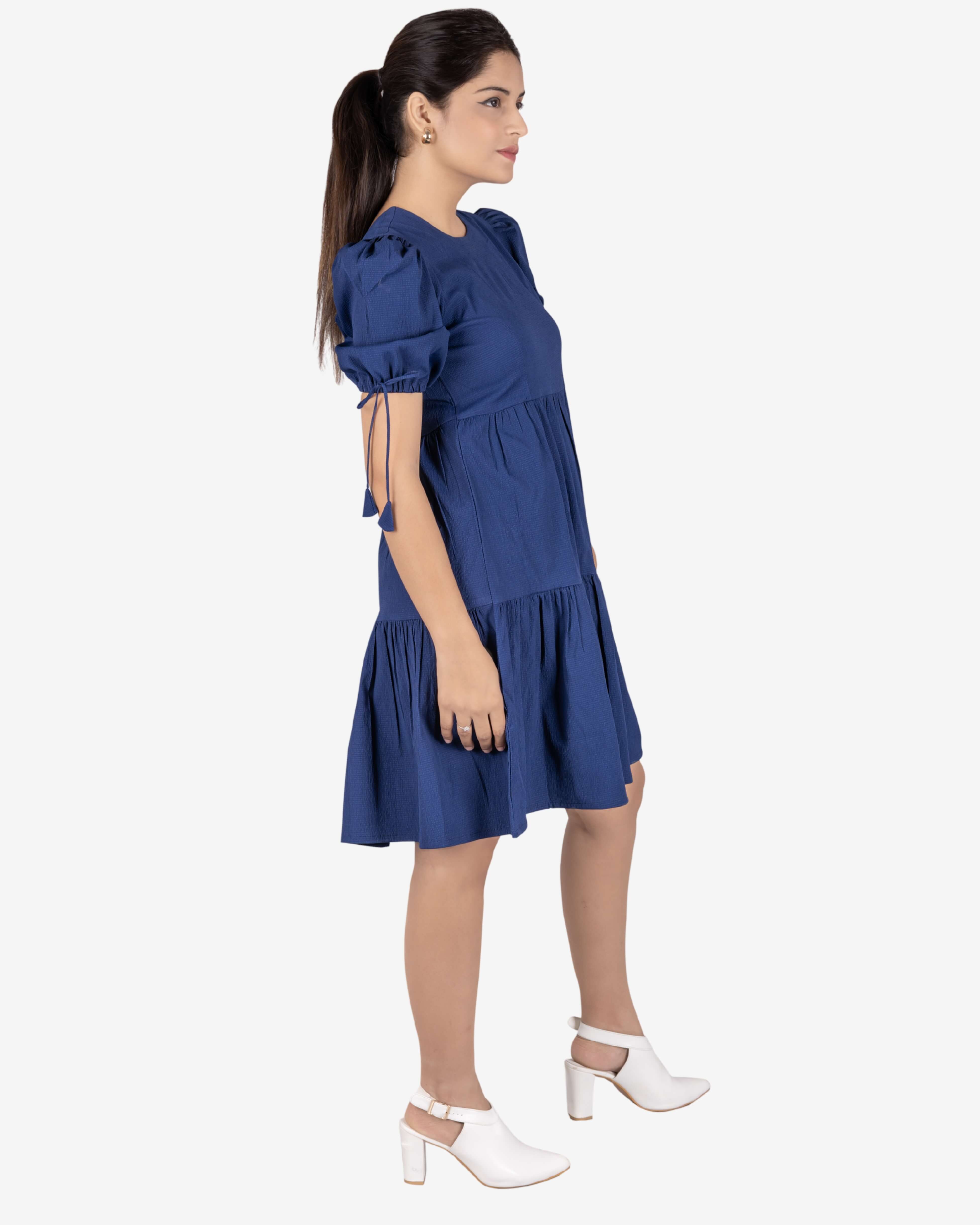 Chic Navy Blue Puff-Sleeve Tiered Dress For Women