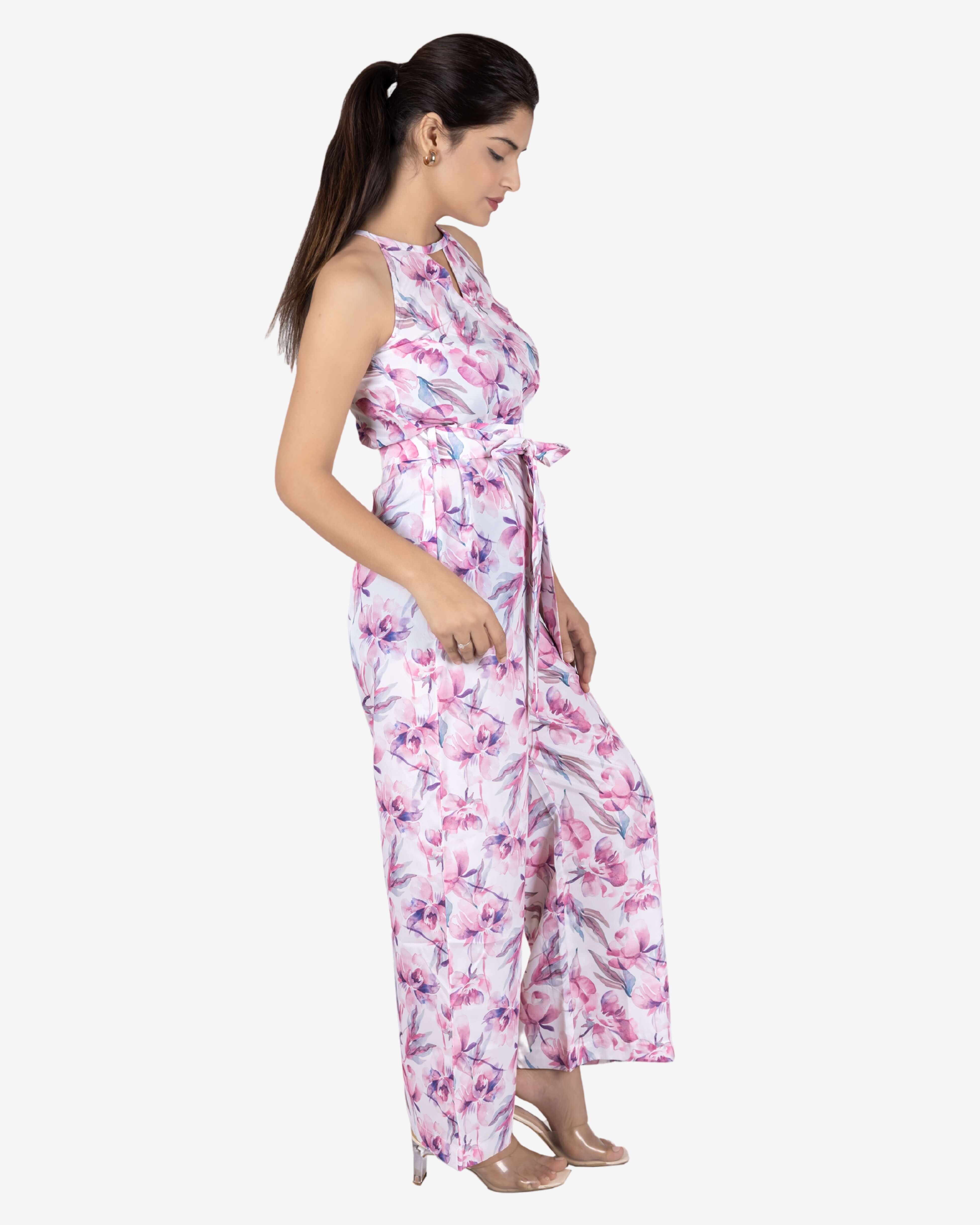 Pink Floral Print White Color Jumpsuit for Women