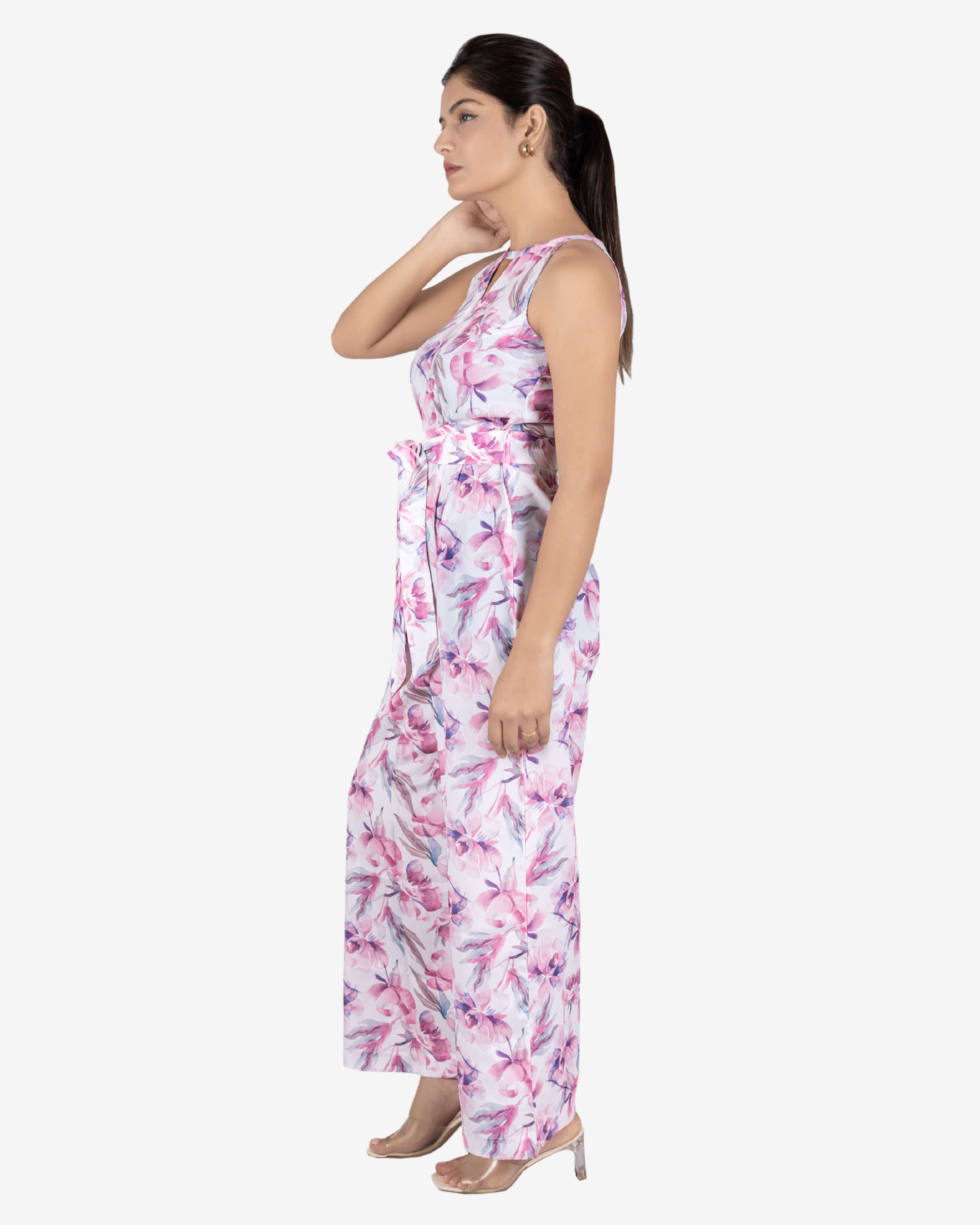 Pink Floral Print White Color Jumpsuit for Women