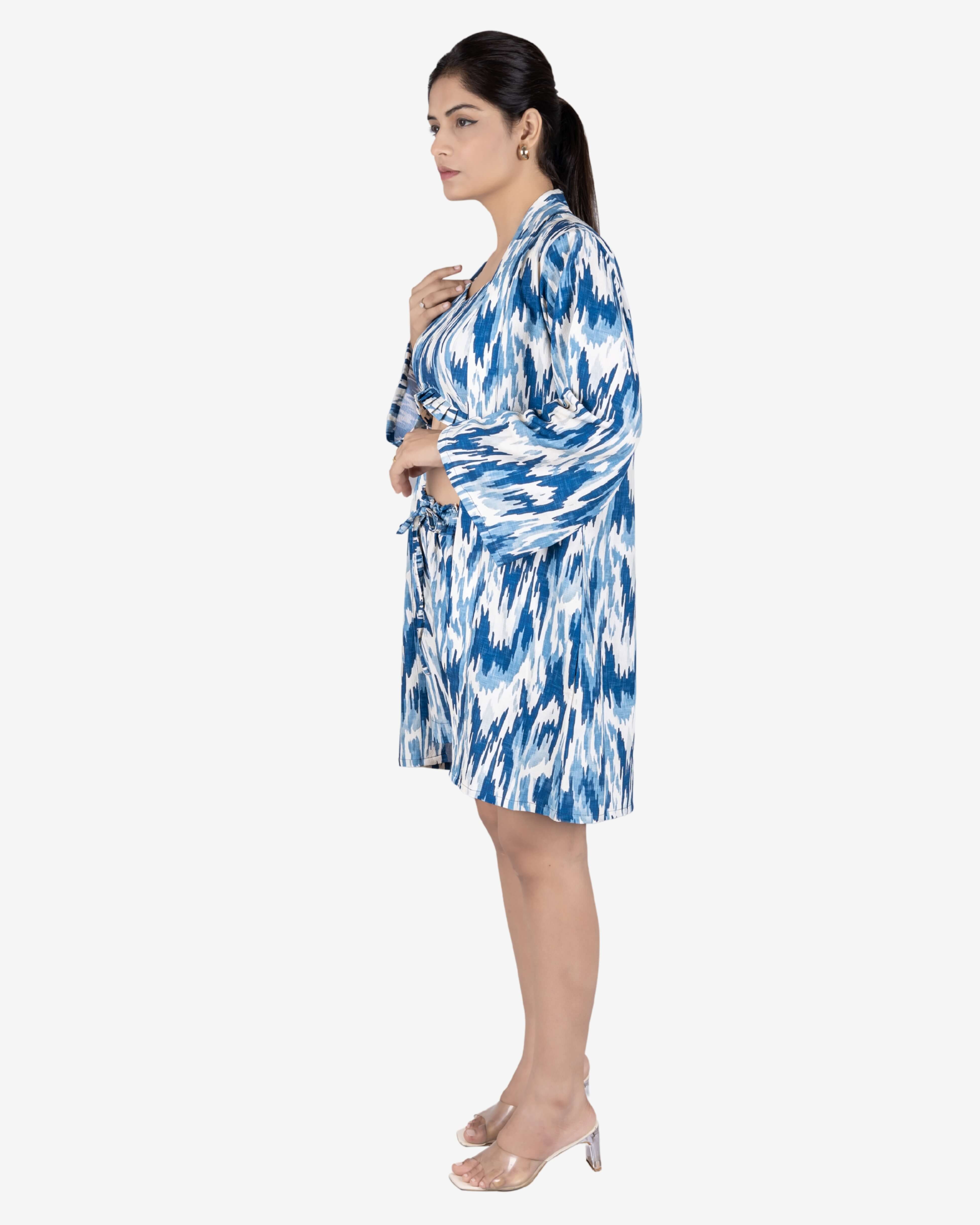 White and Blue 3-Piece Ikat Print Co-ord Set for Women