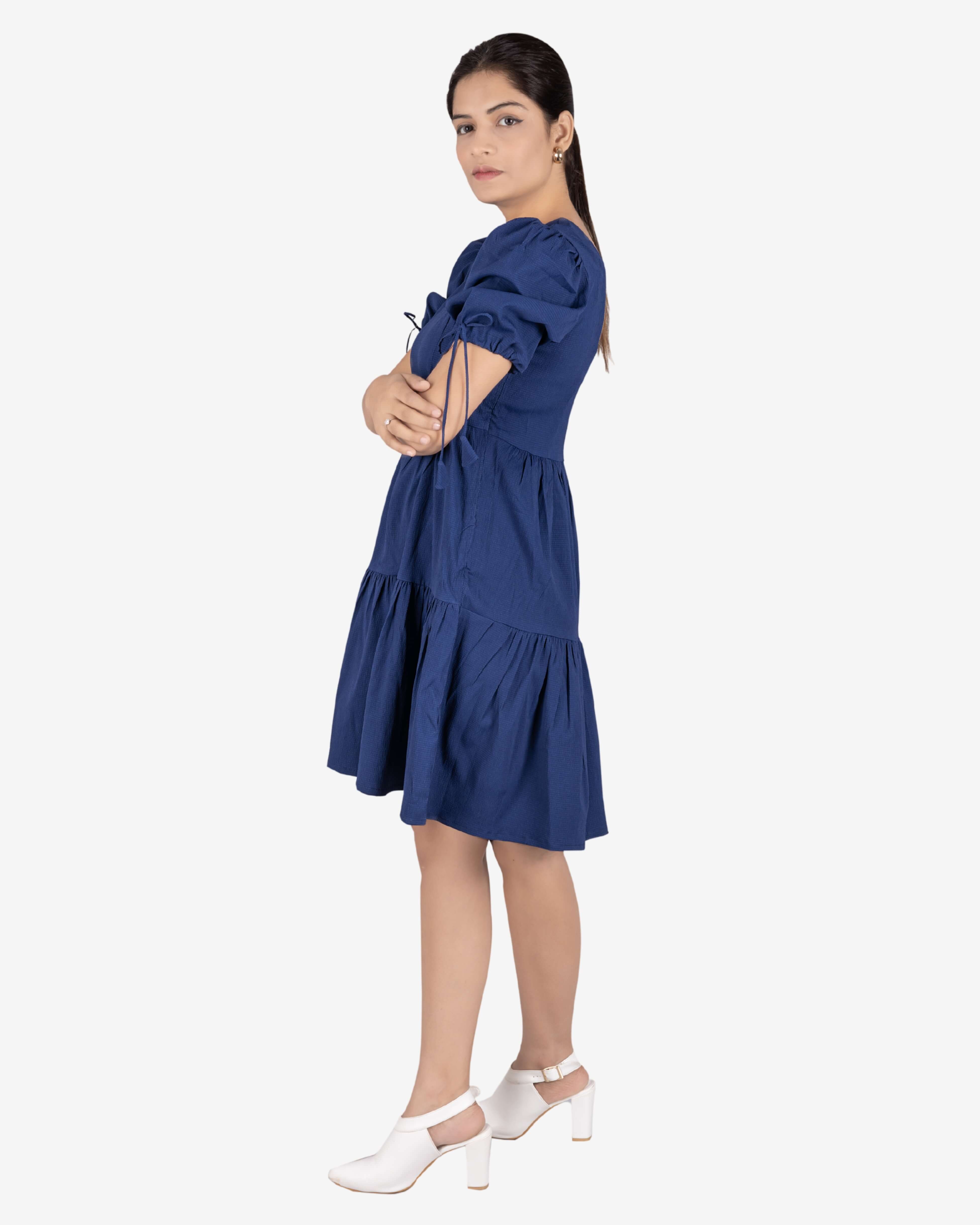 Chic Navy Blue Puff-Sleeve Tiered Dress For Women