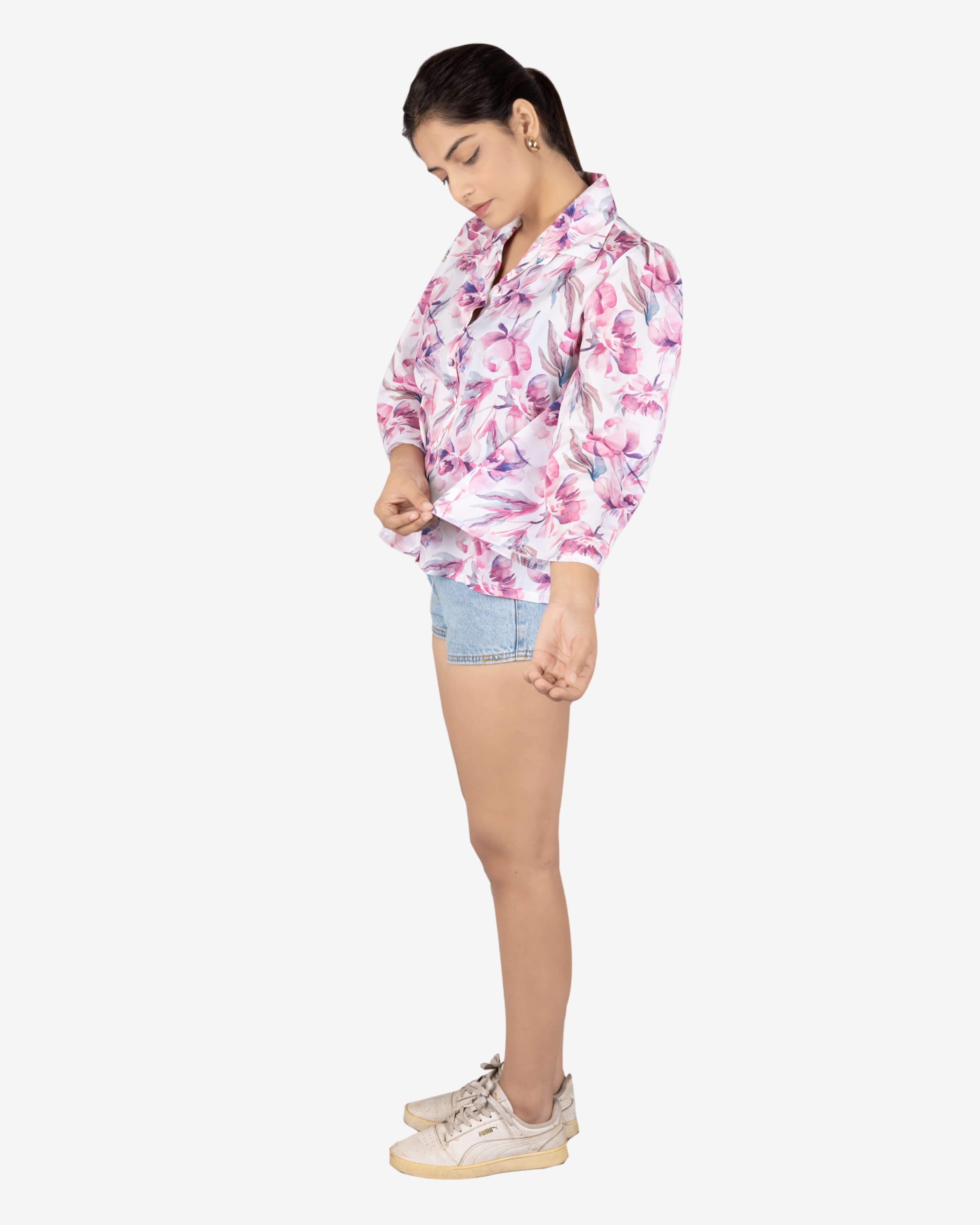 Women’s Pink Floral Print White Top