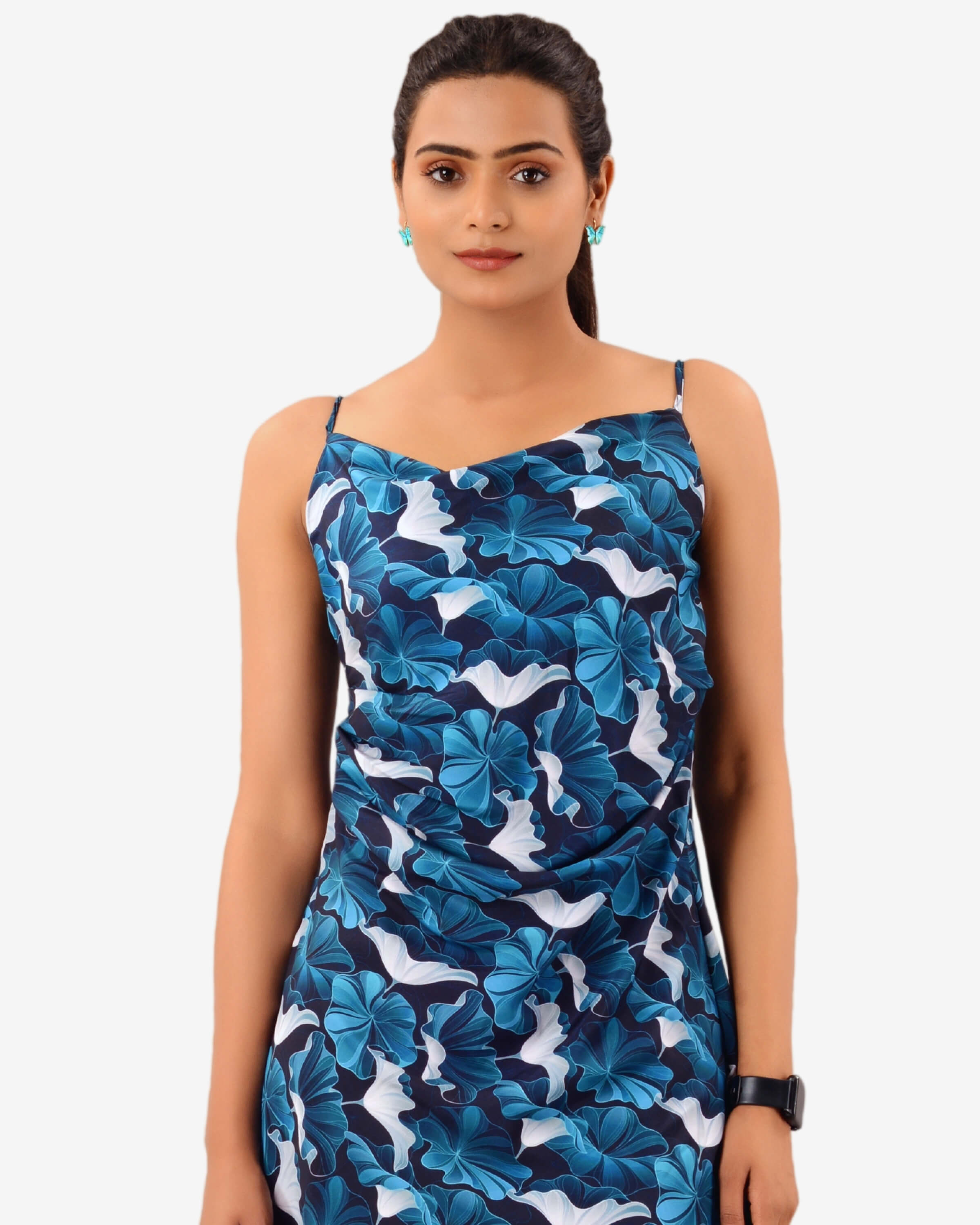 The Timeless Charm of a Black Cowl Neck Party Dress Multicolor floral printed knee length dress sleeveless blue 