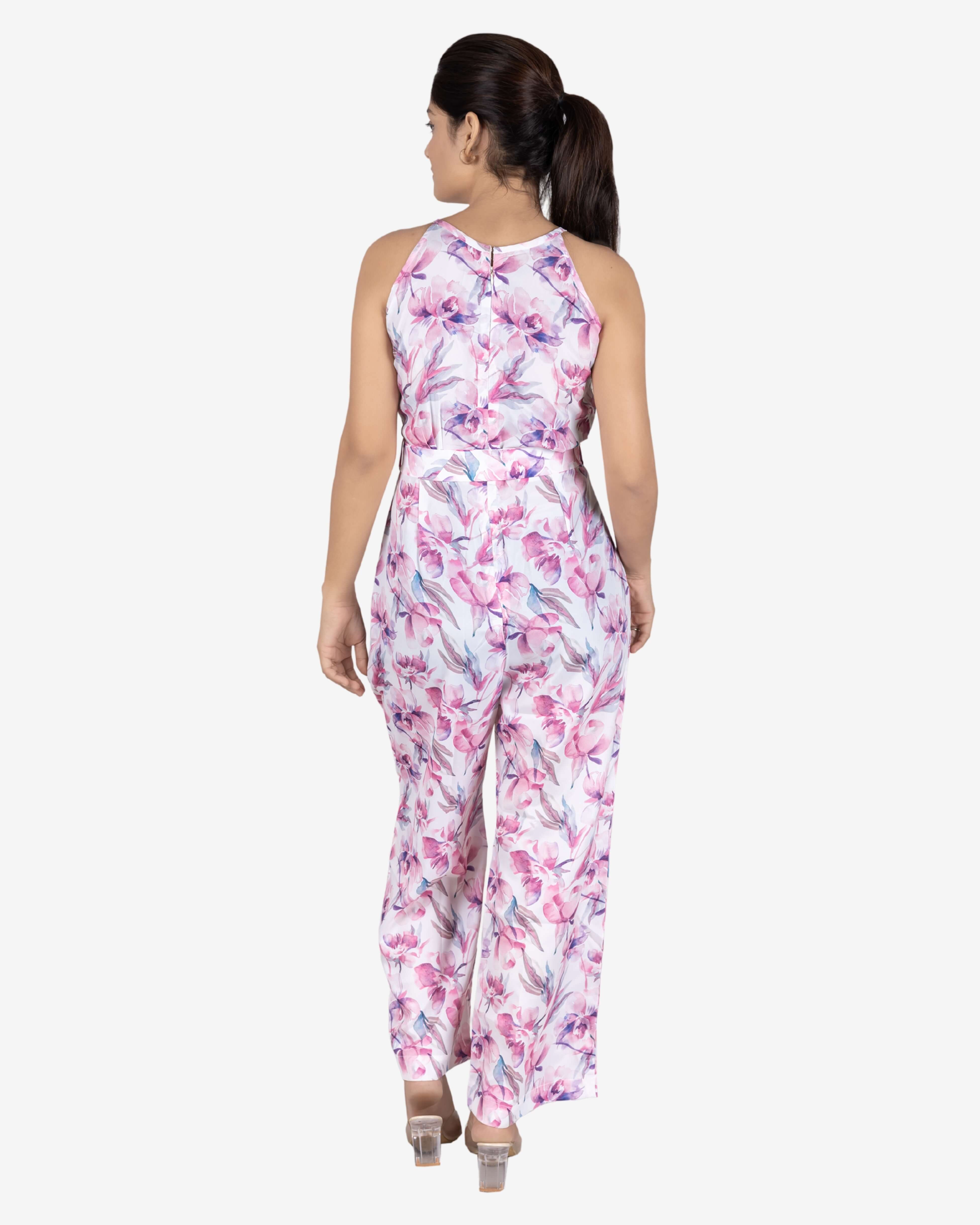 Pink Floral Print White Color Jumpsuit for Women