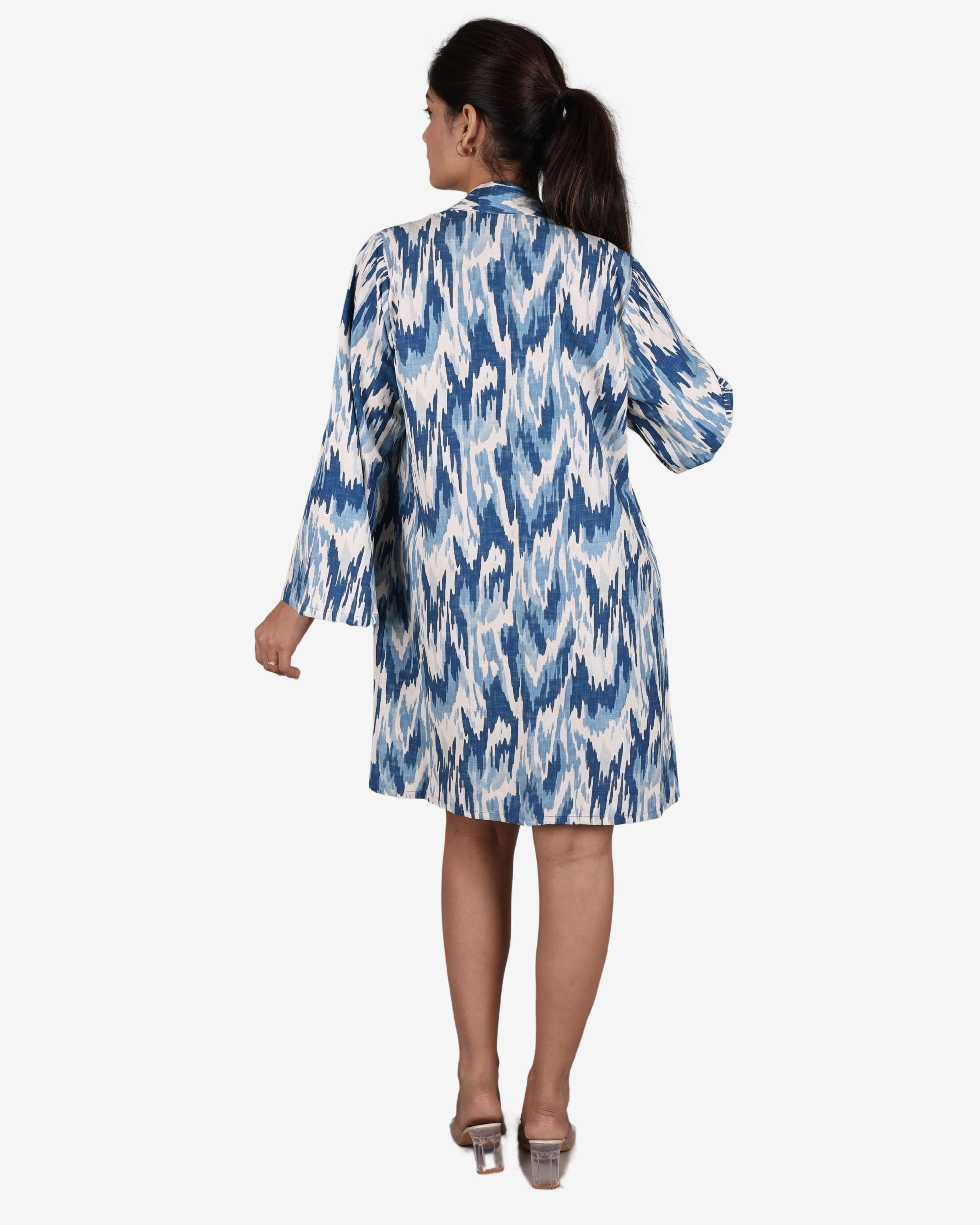 White and Blue 3-Piece Ikat Print Co-ord Set for Women