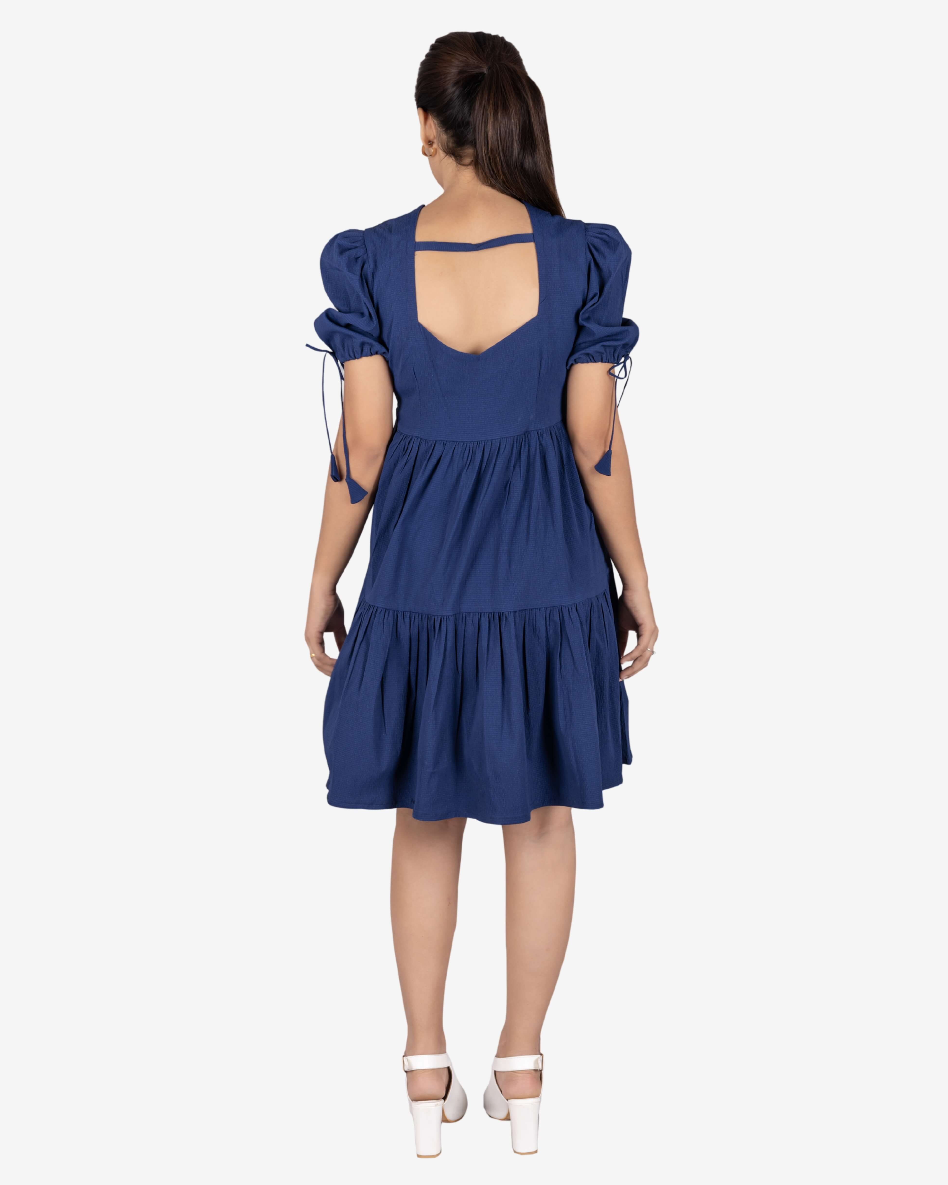 Chic Navy Blue Puff-Sleeve Tiered Dress For Women