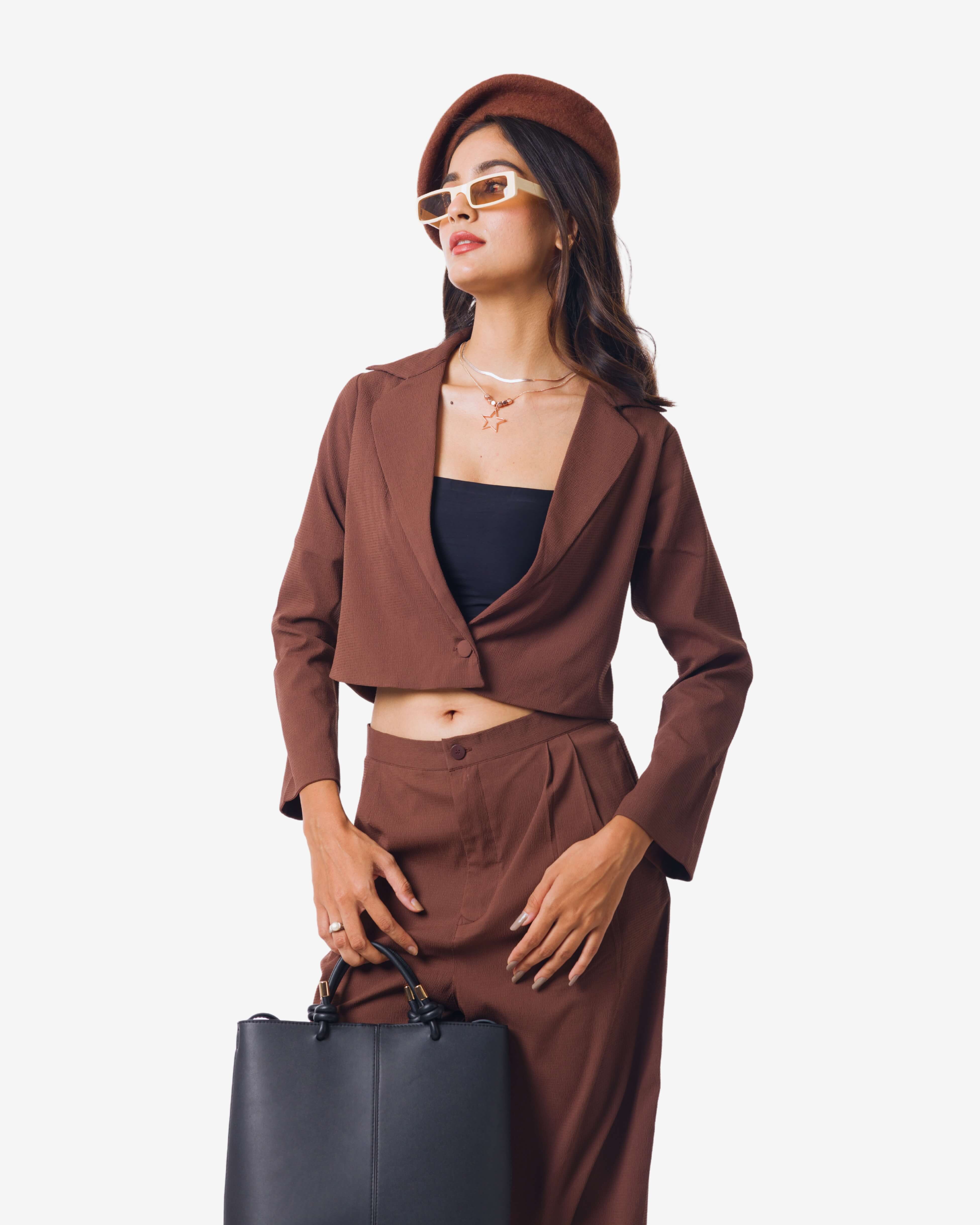 Brown color cropped blazer casual co-ord set with balloon bottom set