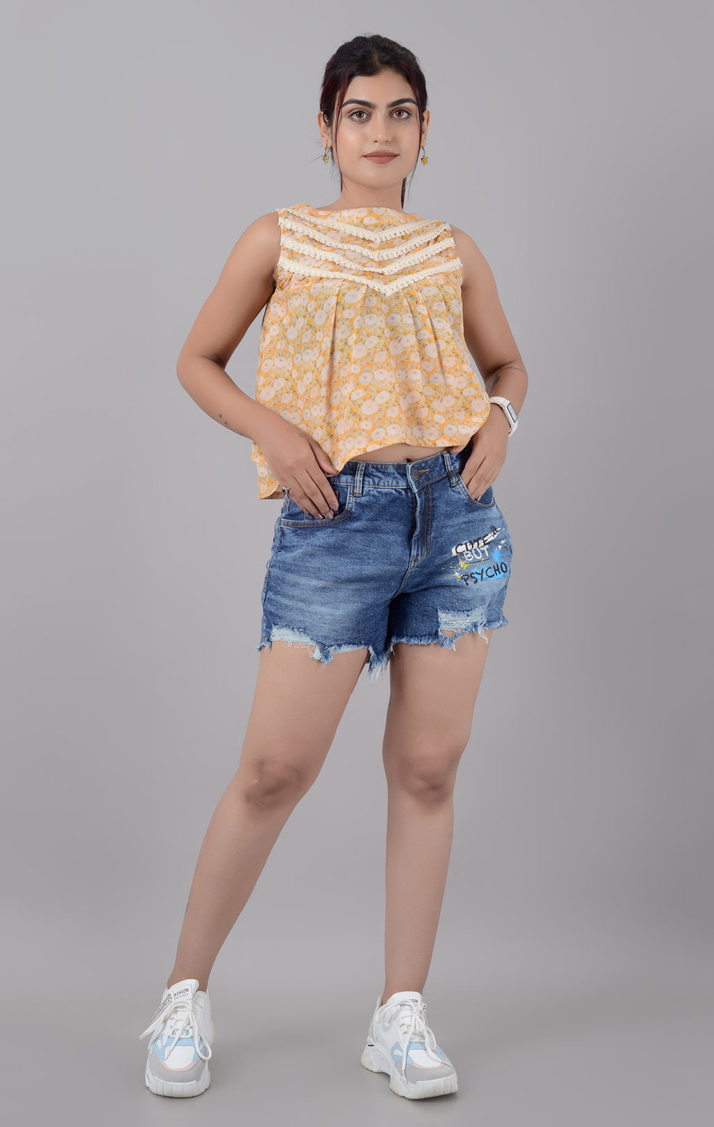 Sunflower Lace-Up: Yellow Floral Print  Sleeveless Top for Women
