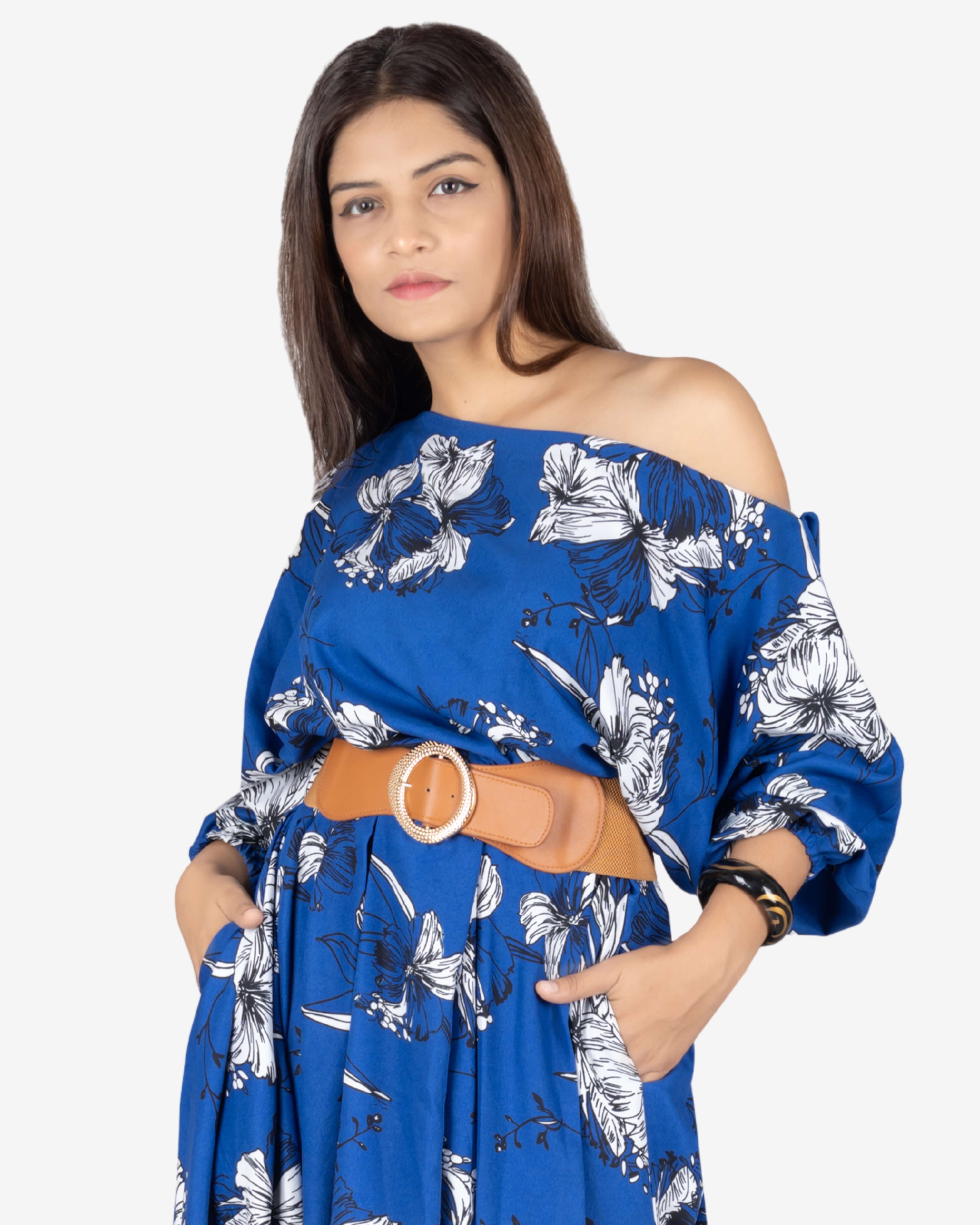 Elegant Long Blue Floral Off the Shoulder Dress with Ruffle Neckline and Cinched Waist Perfect Summer Maxi Dress for Women Casual and Formal Occasions